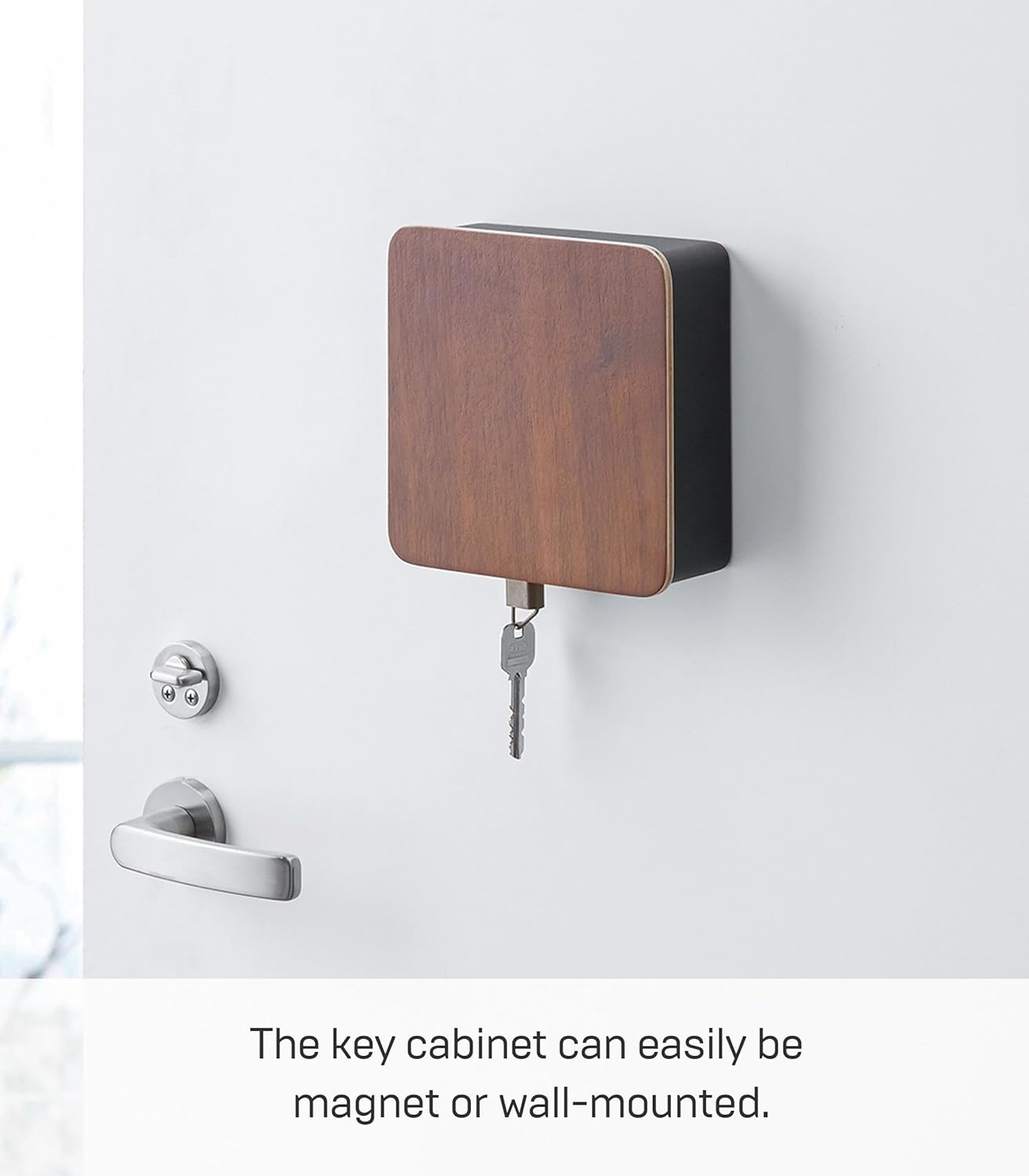 image:imageYAMAZAKI Home Rin Square Magnetic Key Cabinet Wood Accented Keychain Organizer Steel WoodWalnut
