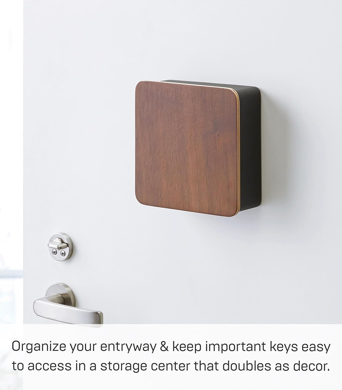 image:imageYAMAZAKI Home Rin Square Magnetic Key Cabinet Wood Accented Keychain Organizer Steel WoodWalnut