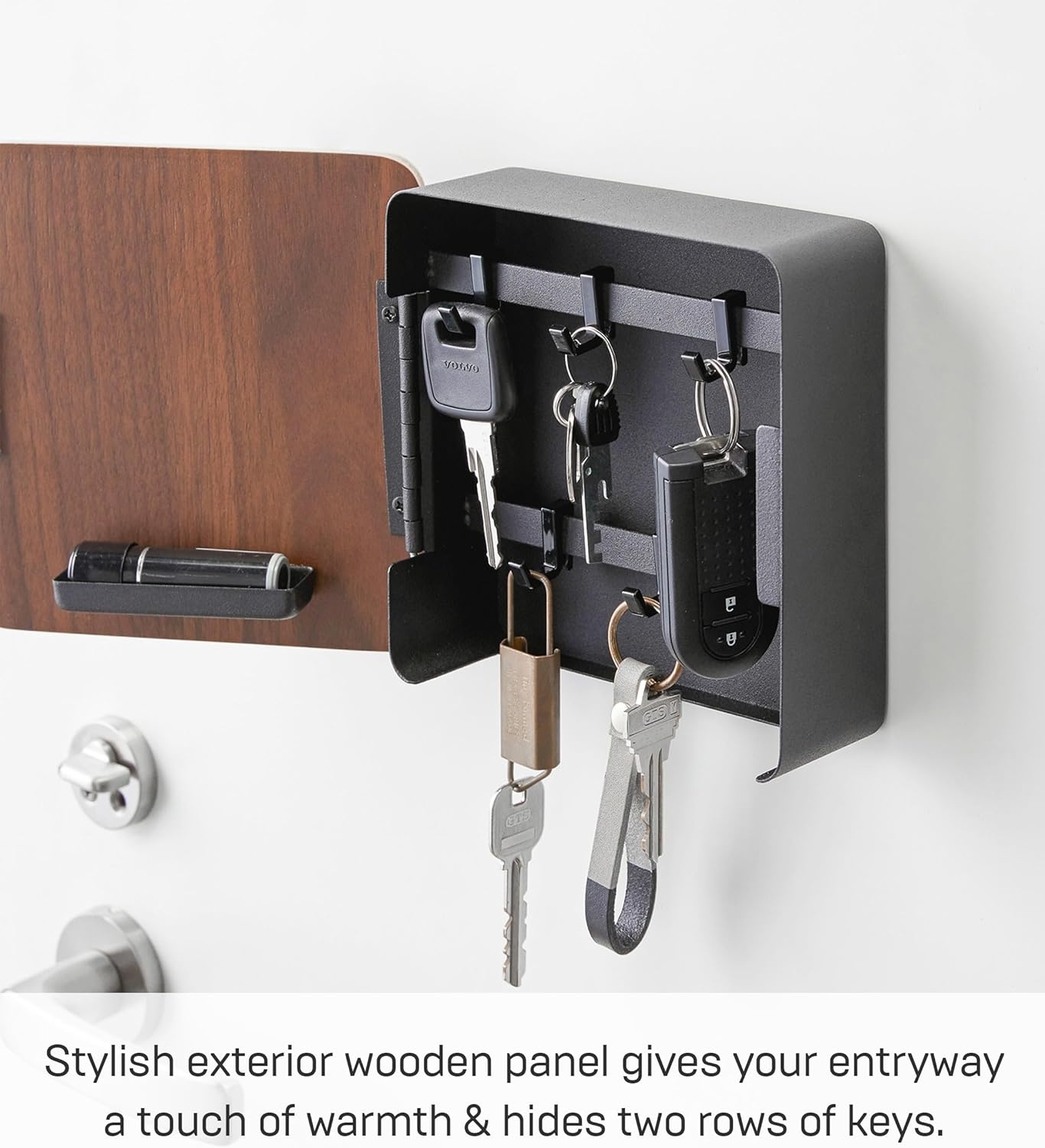 image:imageYAMAZAKI Home Rin Square Magnetic Key Cabinet Wood Accented Keychain Organizer Steel WoodWalnut