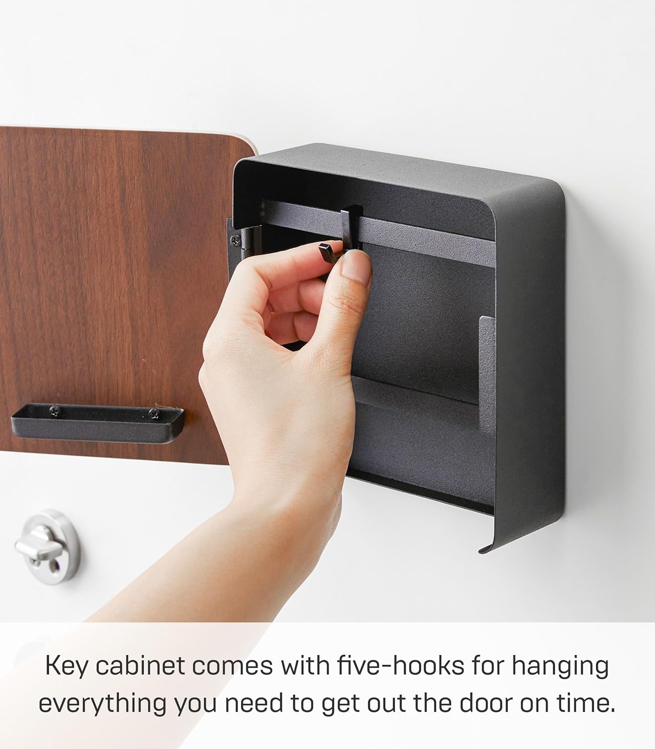 image:imageYAMAZAKI Home Rin Square Magnetic Key Cabinet Wood Accented Keychain Organizer Steel WoodWalnut