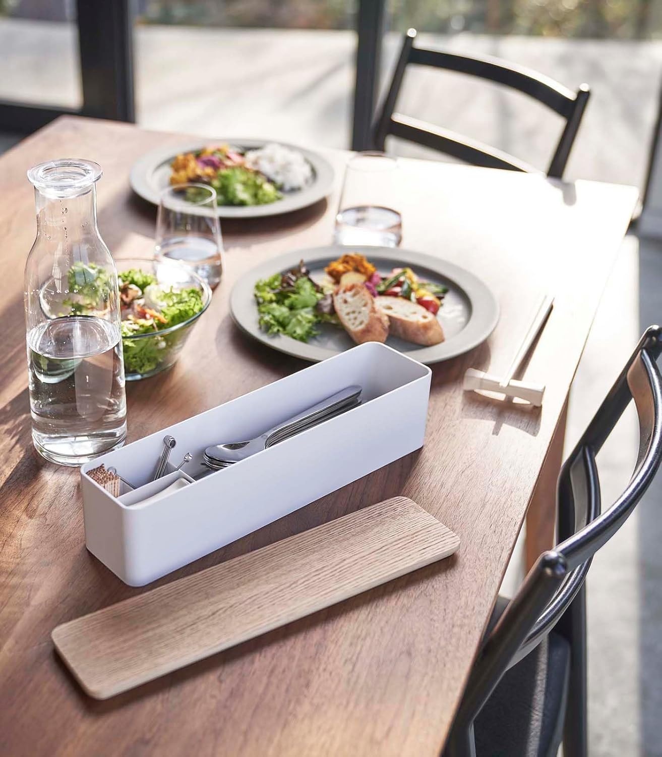 image:imageYAMAZAKI Home Rin Utensil Case Knife Fork Spoon Silverware Cutlery Holder with Divider Portable for Kitchen Counter Or Table Plastic WoodAsh