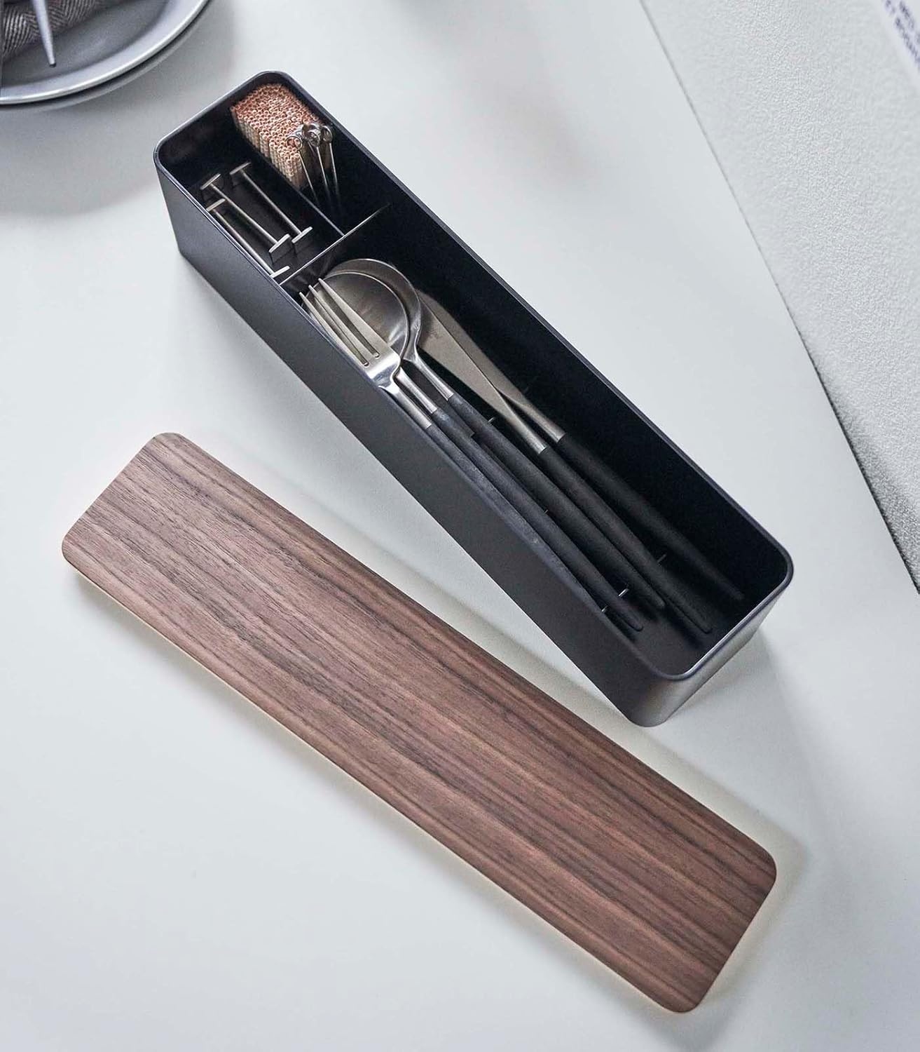 image:imageYAMAZAKI Home Rin Utensil Case Knife Fork Spoon Silverware Cutlery Holder with Divider Portable for Kitchen Counter Or Table Plastic WoodWalnut