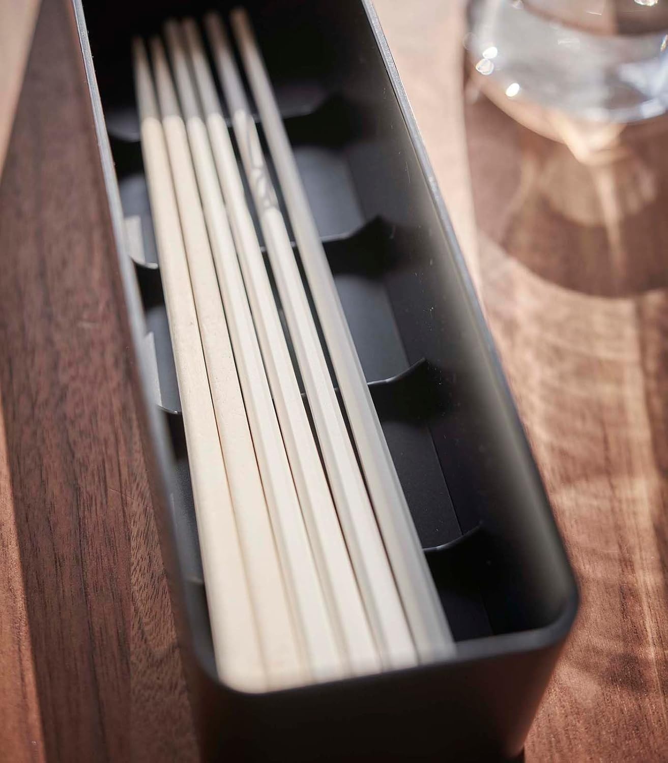 image:imageYAMAZAKI Home Rin Utensil Case Knife Fork Spoon Silverware Cutlery Holder with Divider Portable for Kitchen Counter Or Table Plastic WoodWalnut