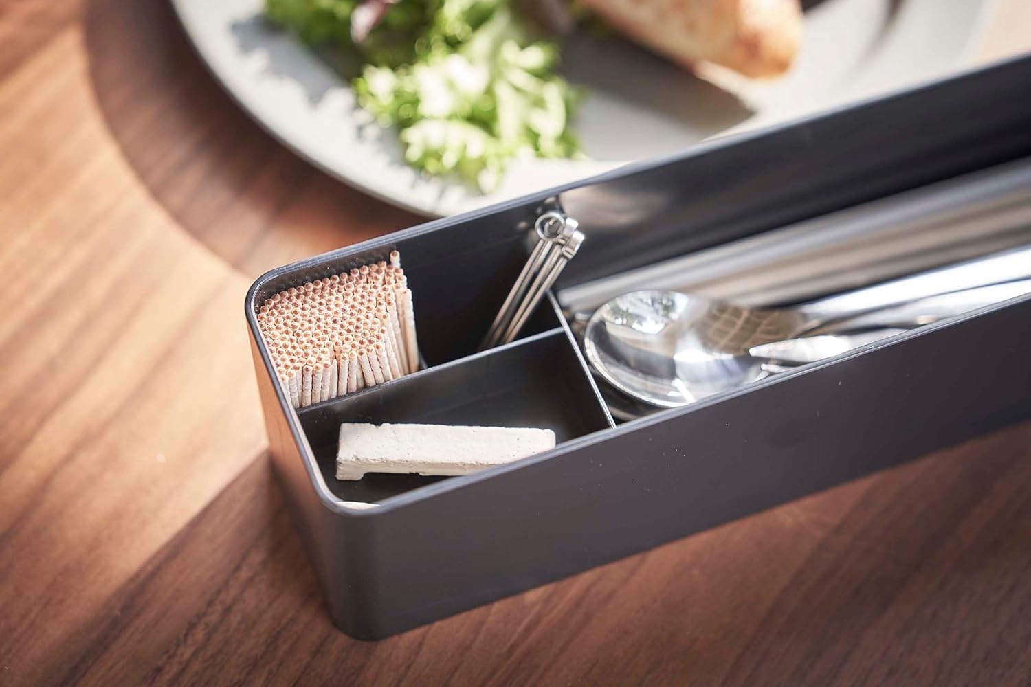 image:imageYAMAZAKI Home Rin Utensil Case Knife Fork Spoon Silverware Cutlery Holder with Divider Portable for Kitchen Counter Or Table Plastic WoodWalnut