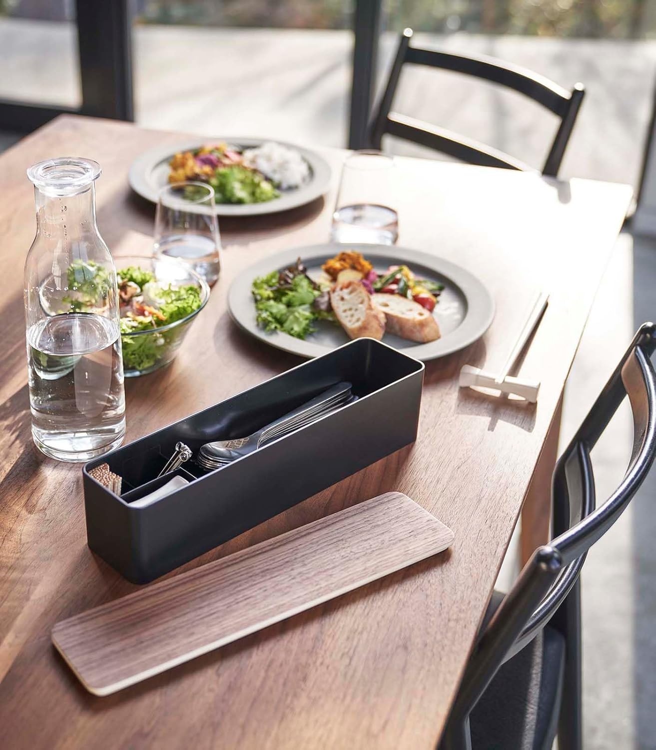 image:imageYAMAZAKI Home Rin Utensil Case Knife Fork Spoon Silverware Cutlery Holder with Divider Portable for Kitchen Counter Or Table Plastic WoodWalnut