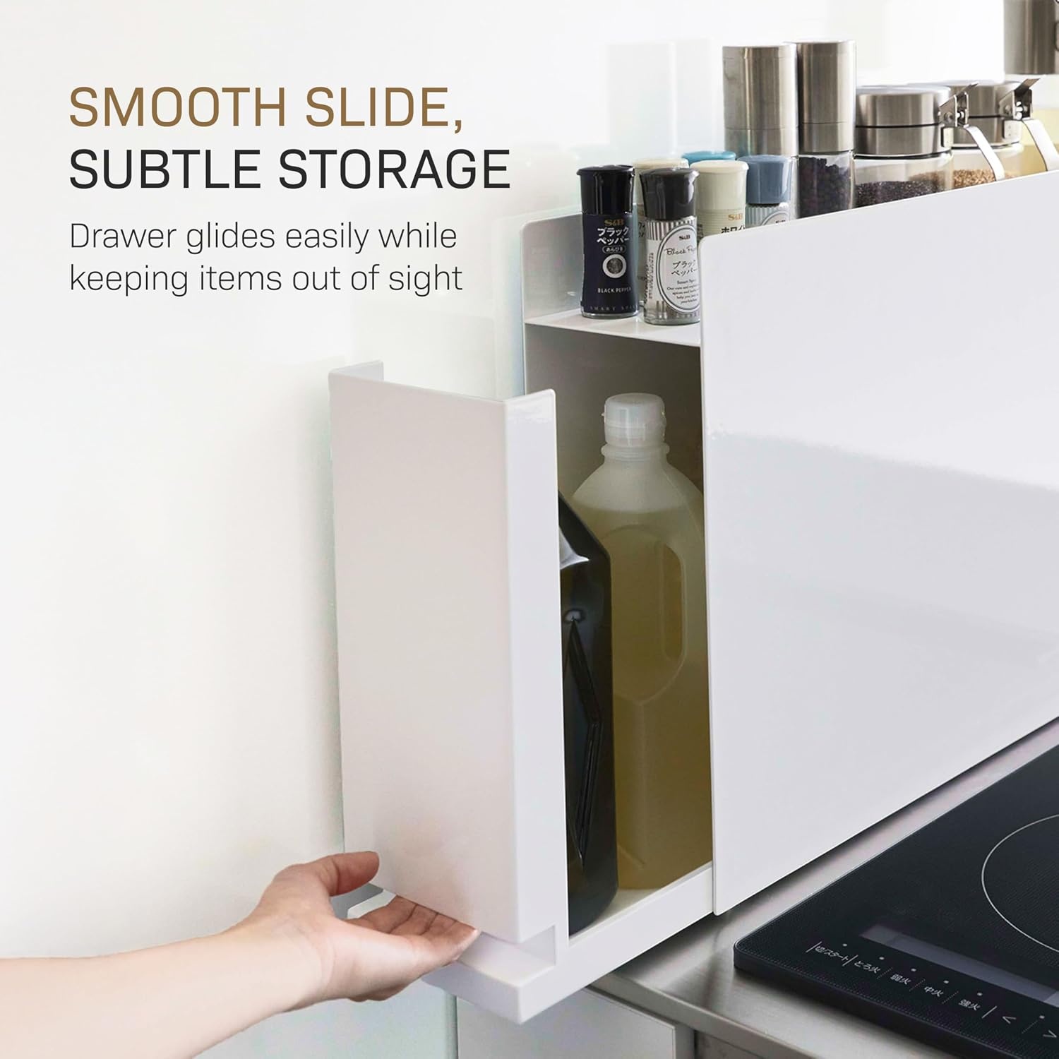 image:imageYAMAZAKI Home Sliding Drawer Seasoning Rack Pull Out Spice Rack for Countertop Steel Kitchen Organizer with Magnetic Panels Modern Spice Storage Drawer Black Easy Access DesignWhite