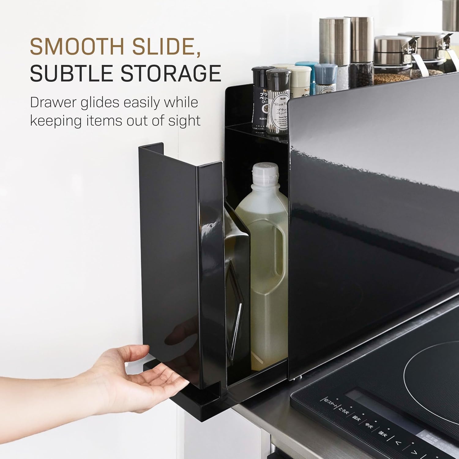 image:imageYAMAZAKI Home Sliding Drawer Seasoning Rack Pull Out Spice Rack for Countertop Steel Kitchen Organizer with Magnetic Panels Modern Spice Storage Drawer Black Easy Access DesignBlack
