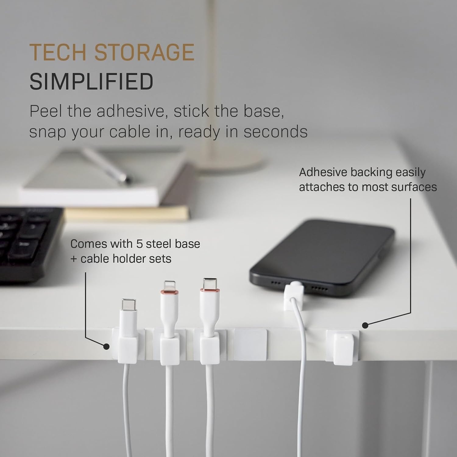 image:imageYAMAZAKI Home Smart Magnetic Cable Holders Set of 5 Adhesive Cord Organizer Clips with Steel Bases for Desk Cable Management Charging Cables Nightstand Office Car SiliconeWhite