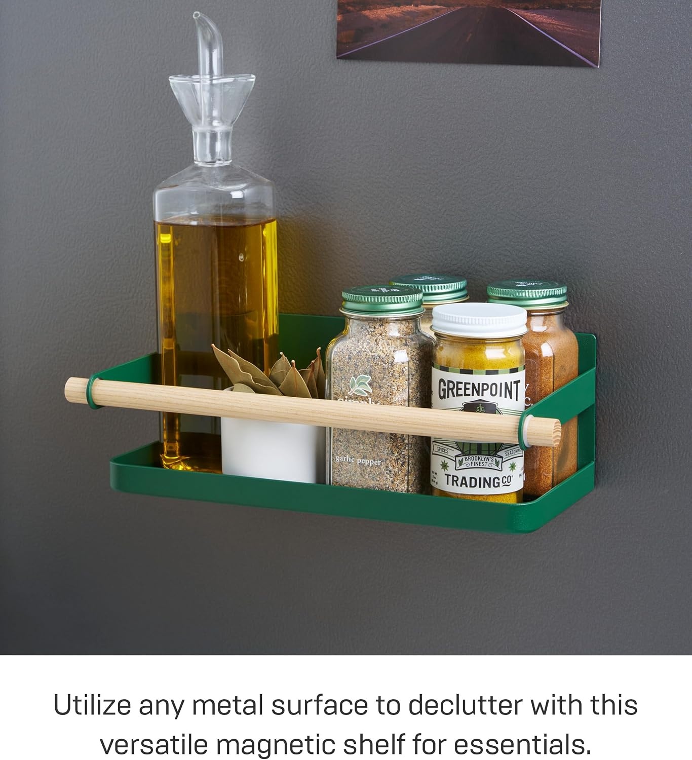 image:imageYAMAZAKI Home Strategist Magnetic Spice Storage Rack Organizer For Fridge Steel WoodForest Green