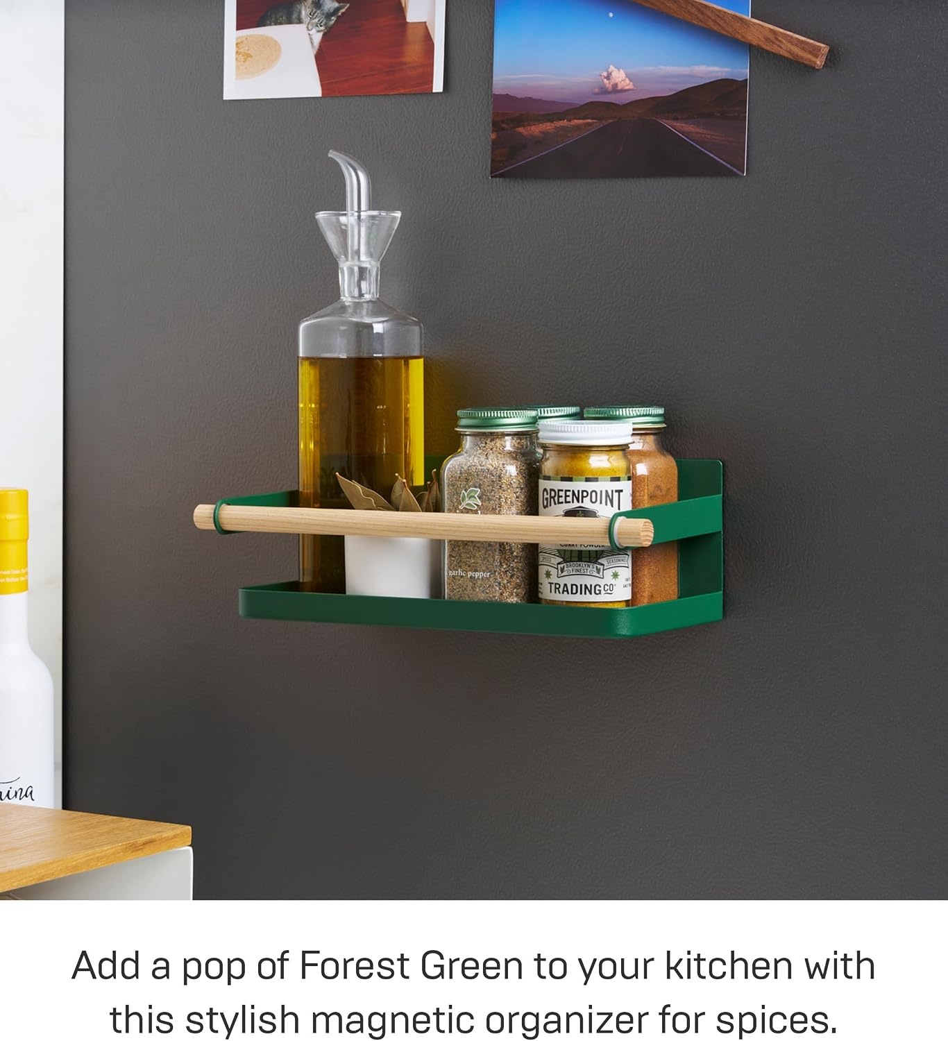 image:imageYAMAZAKI Home Strategist Magnetic Spice Storage Rack Organizer For Fridge Steel WoodForest Green