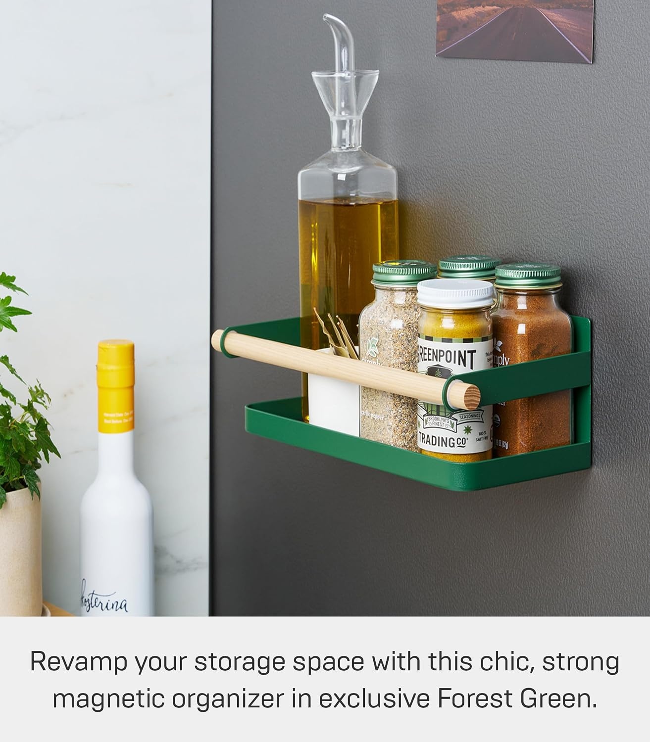image:imageYAMAZAKI Home Strategist Magnetic Spice Storage Rack Organizer For Fridge Steel WoodForest Green