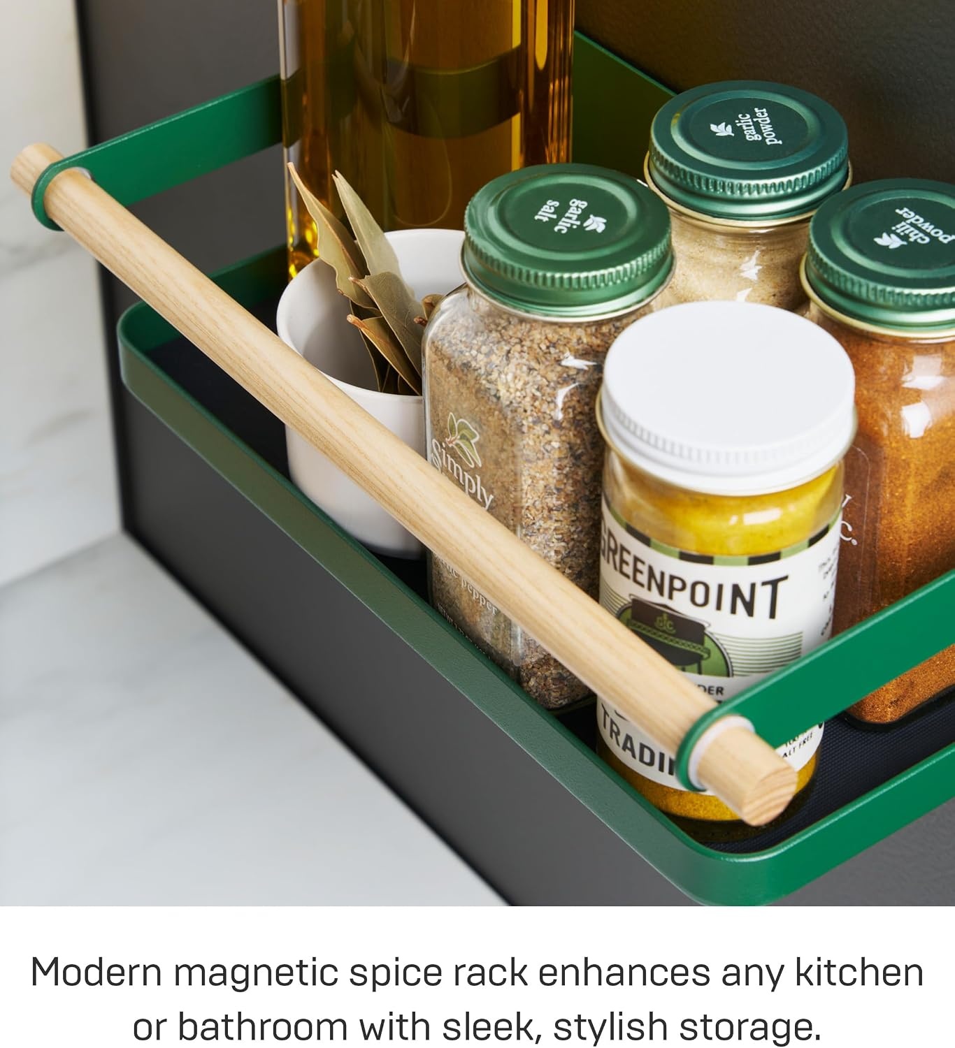 image:imageYAMAZAKI Home Strategist Magnetic Spice Storage Rack Organizer For Fridge Steel WoodForest Green