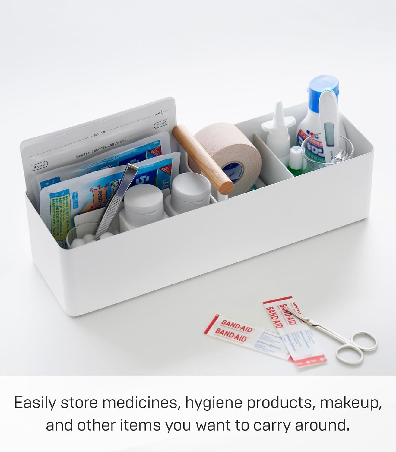 image:imageYAMAZAKI Home Tosca Slim Storage Box With Natural Wood Handle Magnetic Dividers For Makeup Or Medications Steel WoodWhite