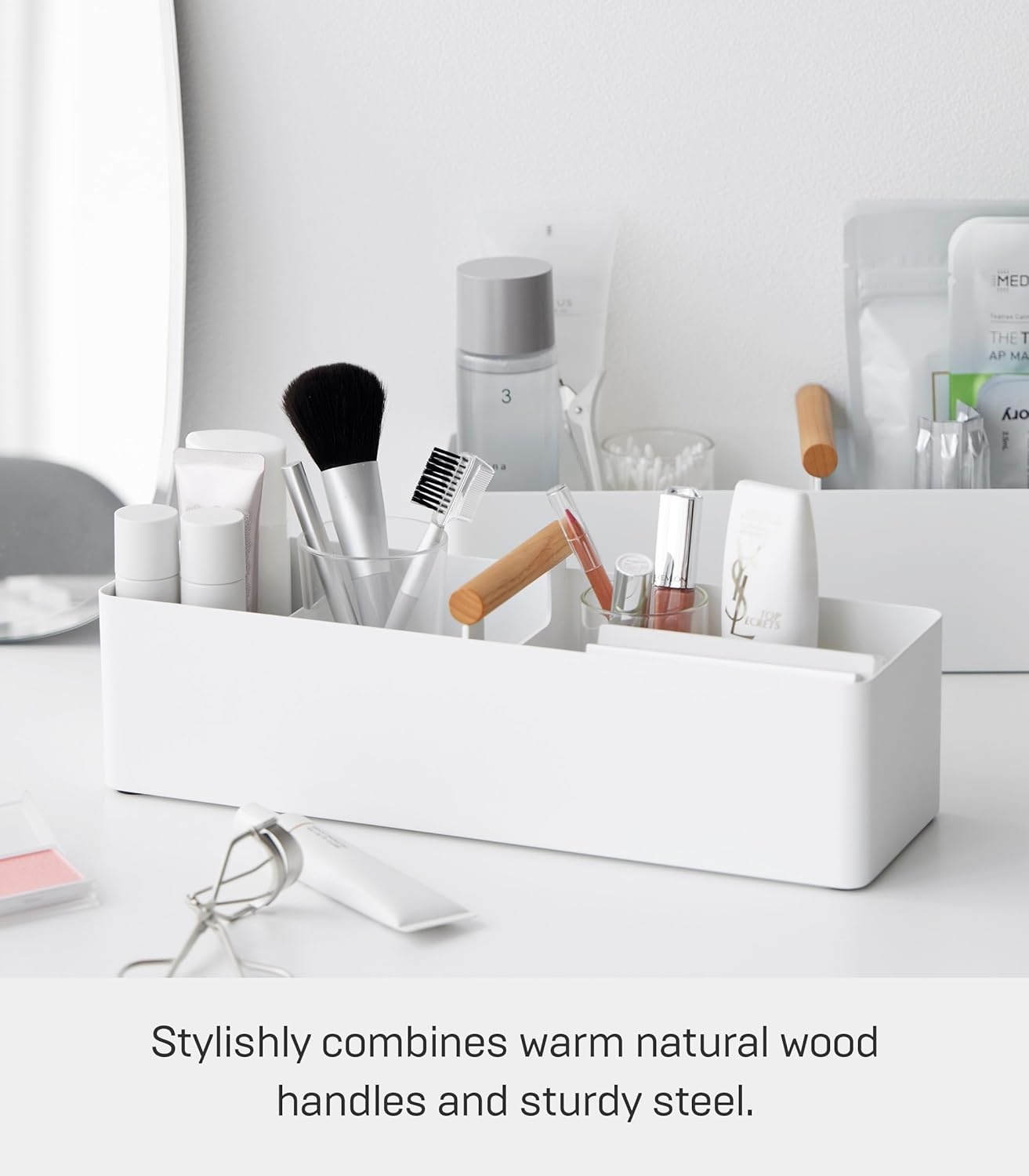 image:imageYAMAZAKI Home Tosca Slim Storage Box With Natural Wood Handle Magnetic Dividers For Makeup Or Medications Steel WoodWhite