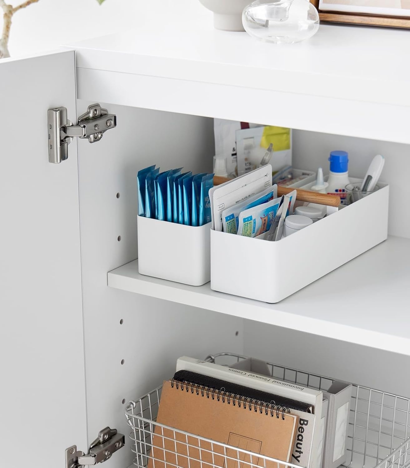 image:imageYAMAZAKI Home Tosca Slim Storage Box With Natural Wood Handle Magnetic Dividers For Makeup Or Medications Steel WoodWhite