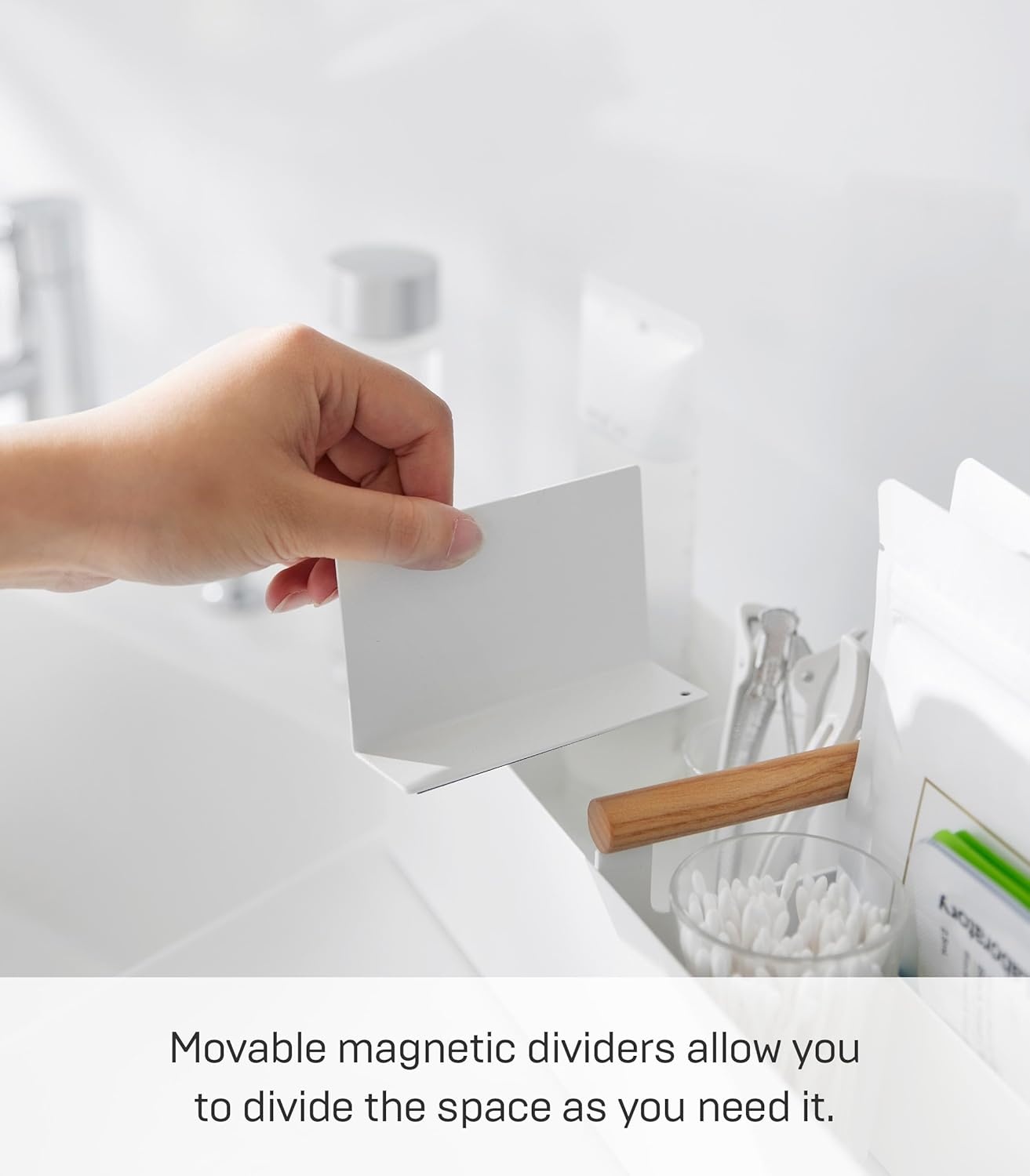 image:imageYAMAZAKI Home Tosca Slim Storage Box With Natural Wood Handle Magnetic Dividers For Makeup Or Medications Steel WoodWhite