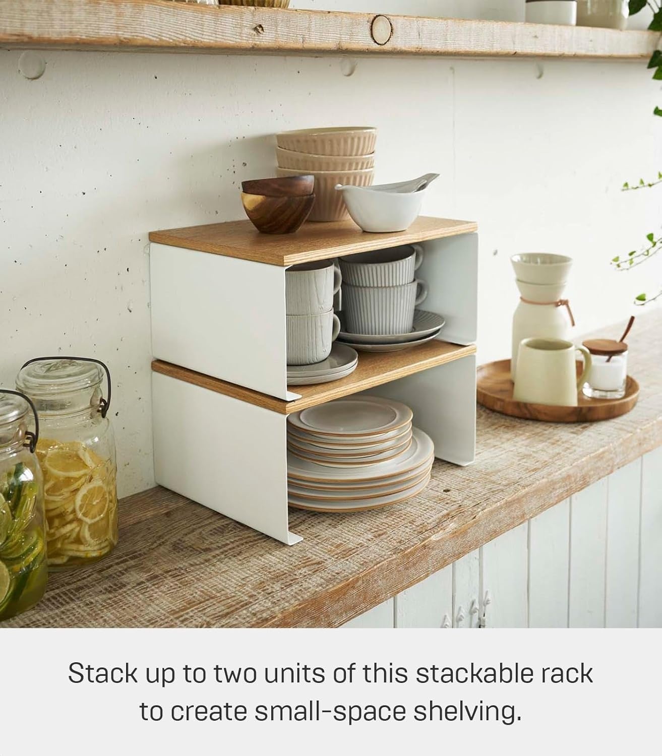 image:imageYAMAZAKI Home Tosca WoodTop Stackable Kitchen Rack Modern Counter Shelf Organizer Large Steel Wood Stack Up to TwoLarge