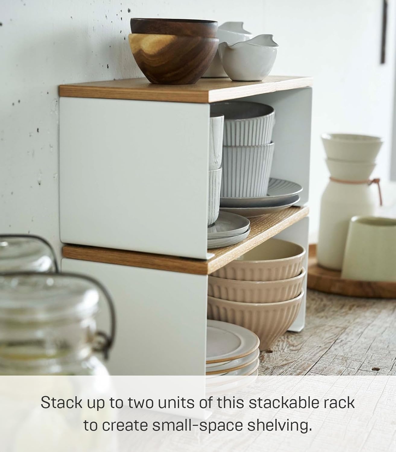 image:imageYAMAZAKI Home Tosca WoodTop Stackable Kitchen Rack Modern Counter Shelf Organizer Large Steel Wood Stack Up to TwoSmall