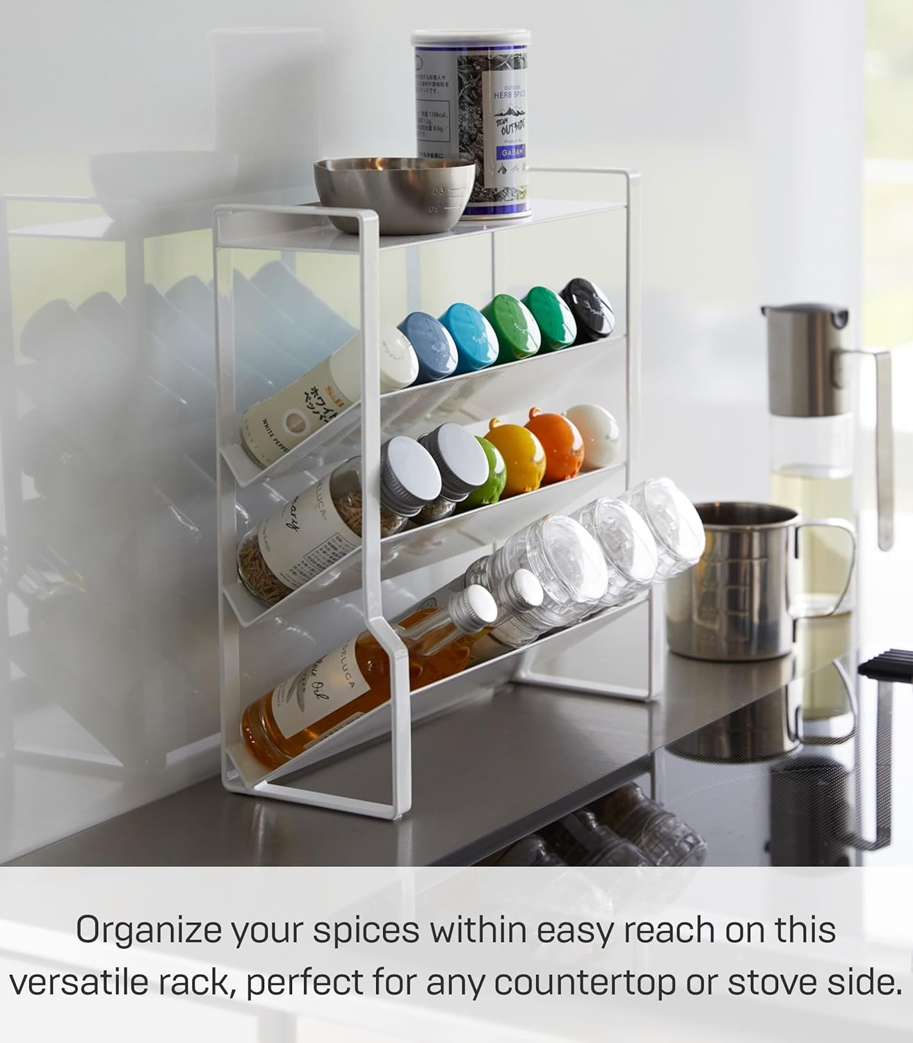 image:imageYAMAZAKI Home Tower 4Tier Slim Spice Rack Organizer Large Capacity Angled Shelves Flat Top Tier Ideal For Countertops And Stove Sides Steel