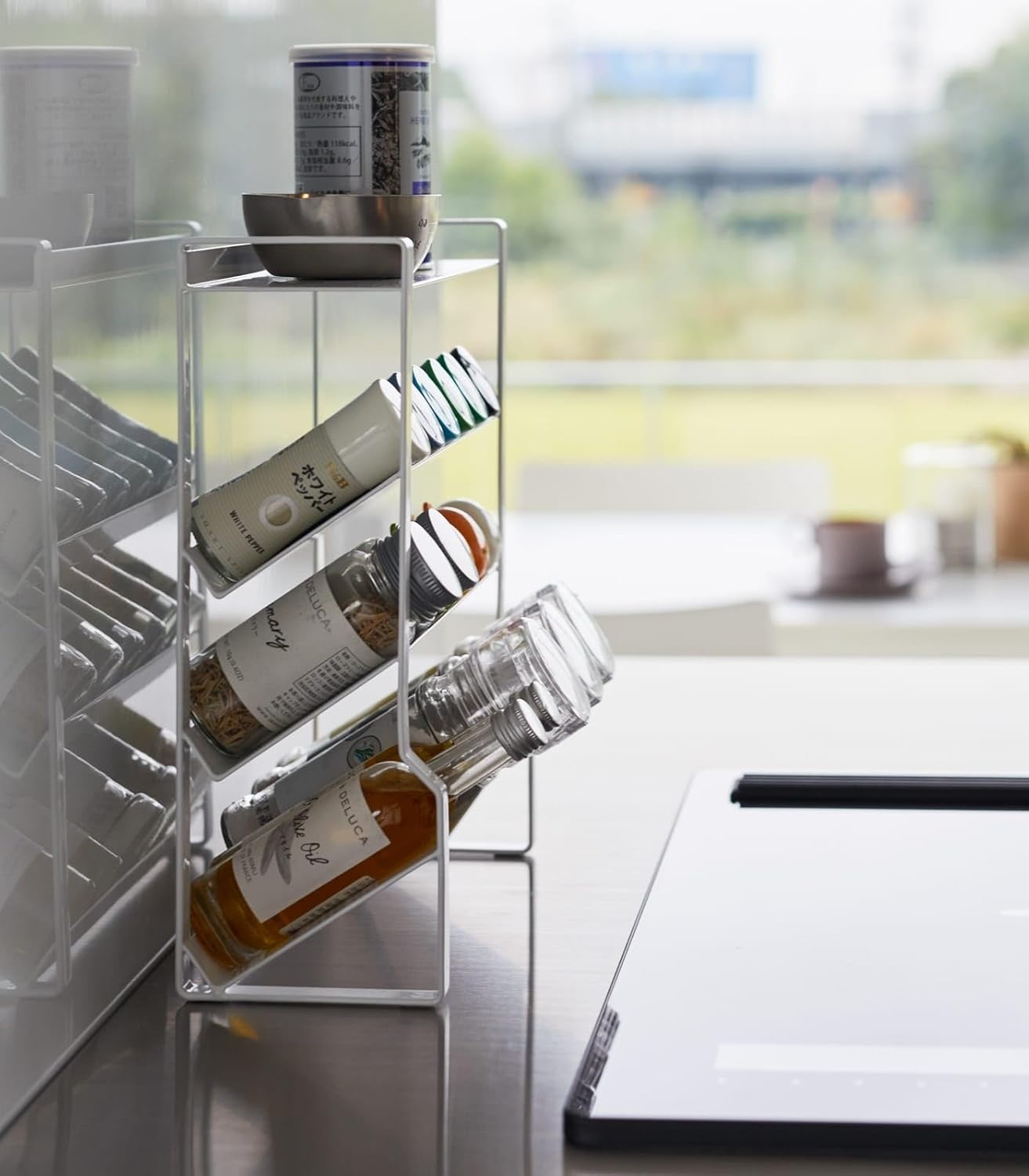 image:imageYAMAZAKI Home Tower 4Tier Slim Spice Rack Organizer Large Capacity Angled Shelves Flat Top Tier Ideal For Countertops And Stove Sides Steel