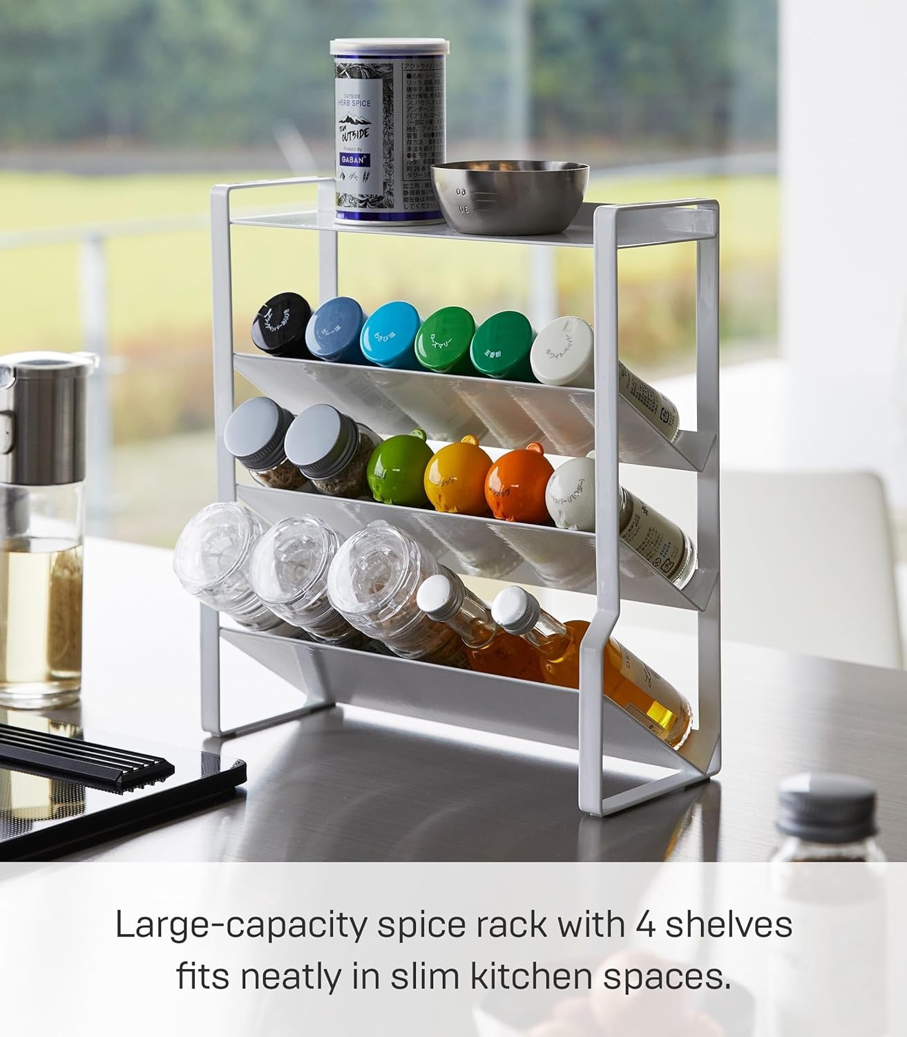 image:imageYAMAZAKI Home Tower 4Tier Slim Spice Rack Organizer Large Capacity Angled Shelves Flat Top Tier Ideal For Countertops And Stove Sides Steel