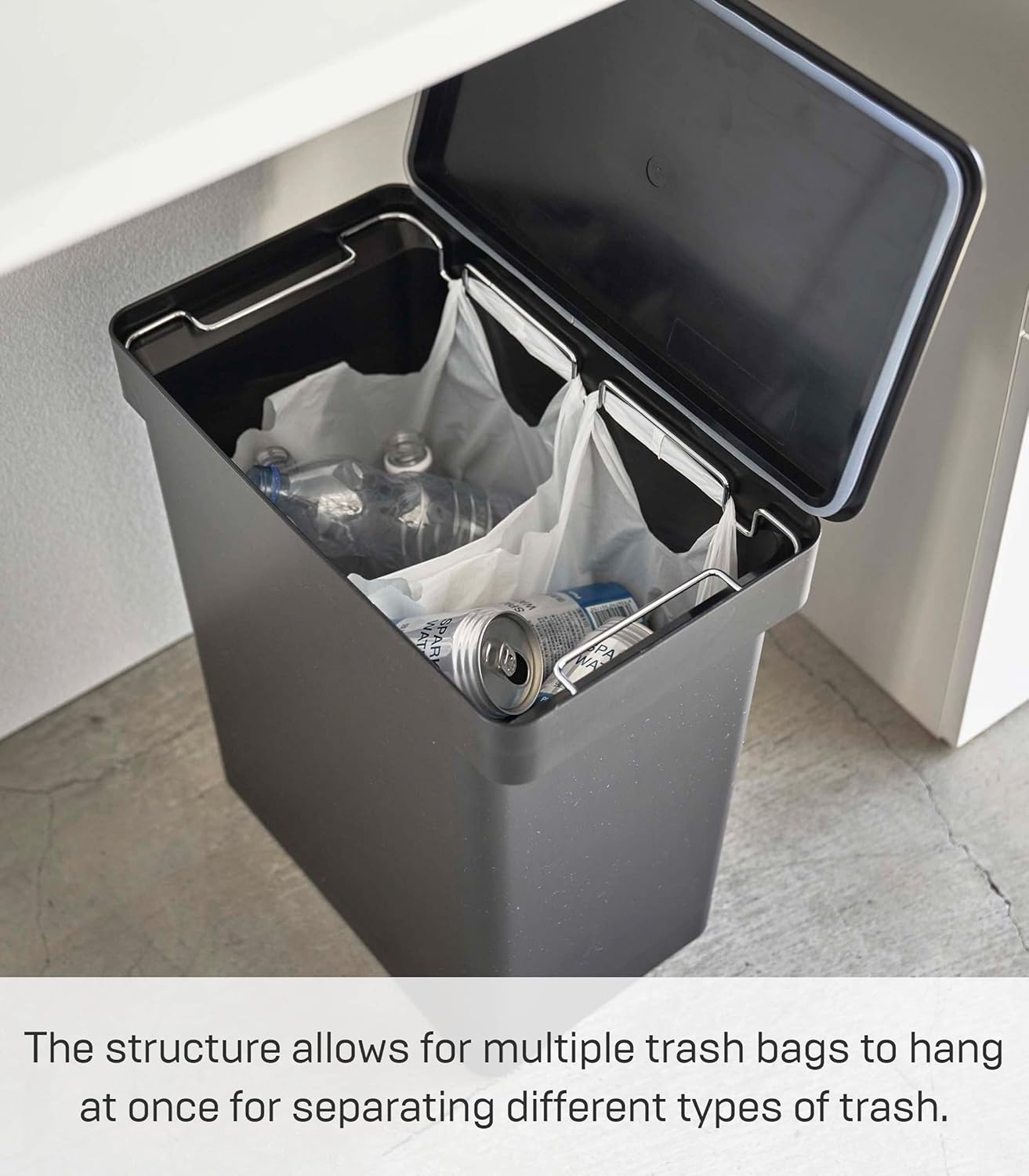 image:imageYAMAZAKI Home Tower 65 Gallon Rolling Trash Can Dual Compartment Kitchen Odor Free Garbage Can Recycling Bin with Handles Polypropylene 66 Gallons 25 LitersBlack