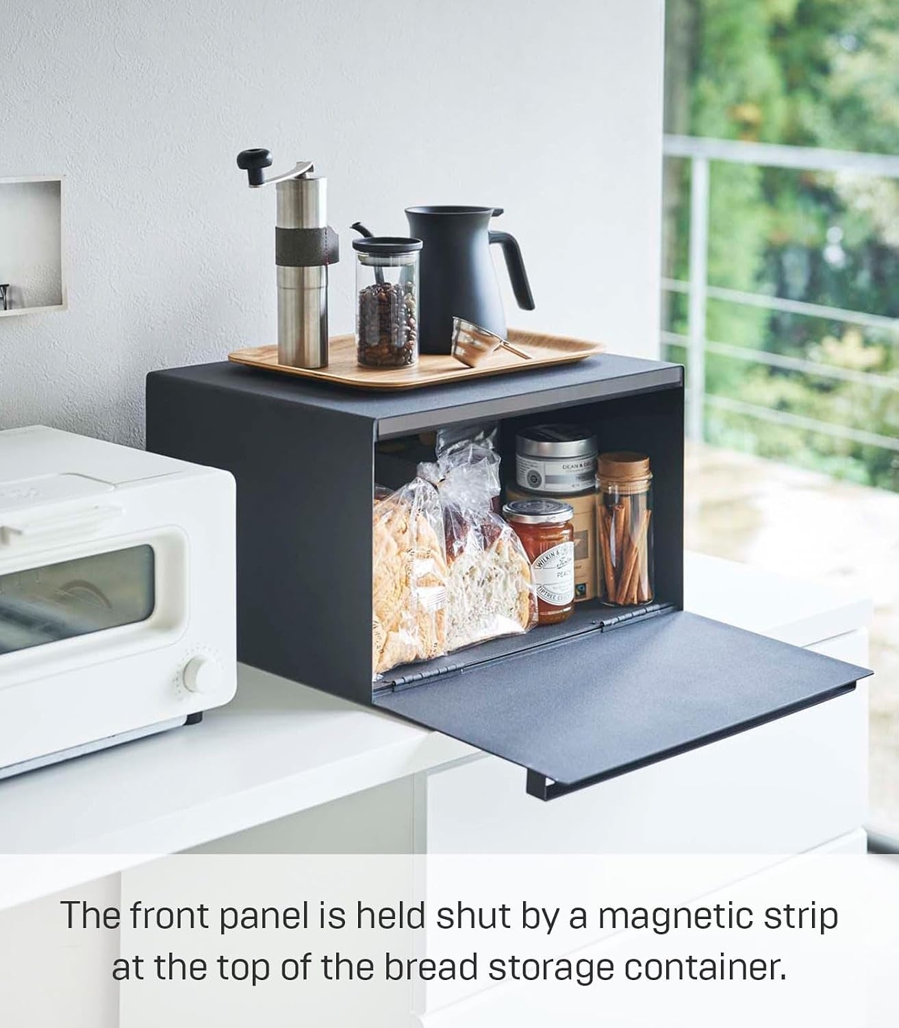 image:imageYAMAZAKI Home Tower Bread Box Keeper Holder Container Metal Bread Holder Saver Slim Space Saving Counter Storage Horizontal SteelBlack