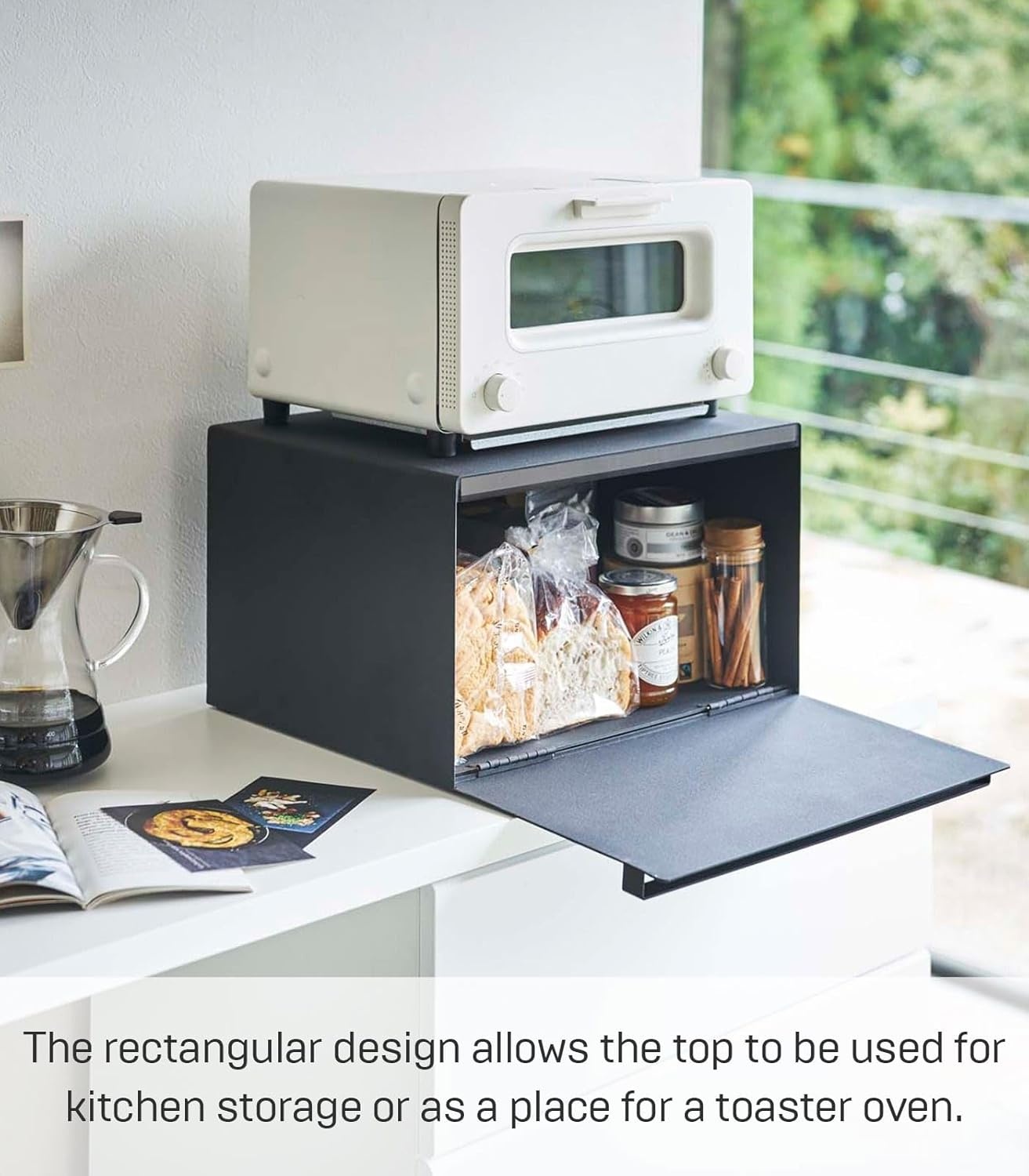 image:imageYAMAZAKI Home Tower Bread Box Keeper Holder Container Metal Bread Holder Saver Slim Space Saving Counter Storage Horizontal SteelBlack