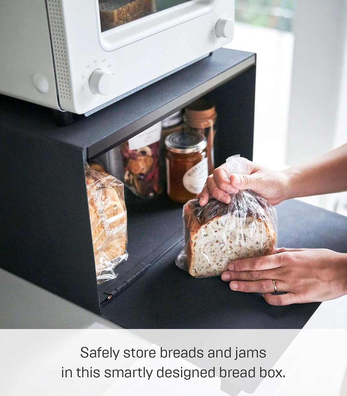image:imageYAMAZAKI Home Tower Bread Box Keeper Holder Container Metal Bread Holder Saver Slim Space Saving Counter Storage Horizontal SteelBlack