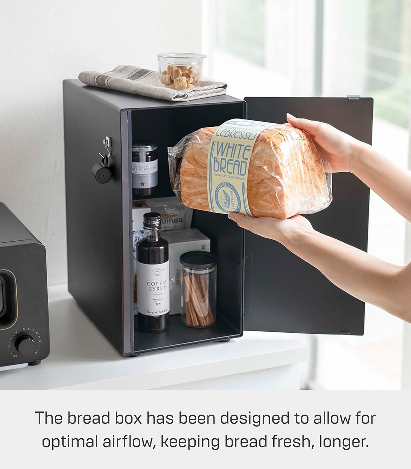 image:imageYAMAZAKI Home Tower Bread Box Keeper Holder Container Metal Bread Holder Saver Slim Space Saving Counter Storage Horizontal SteelBlack
