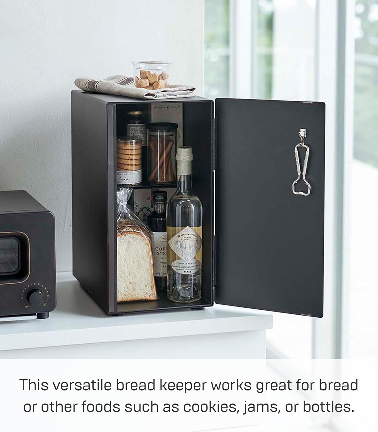 image:imageYAMAZAKI Home Tower Bread Box Keeper Holder Container Metal Bread Holder Saver Slim Space Saving Counter Storage Horizontal SteelBlack