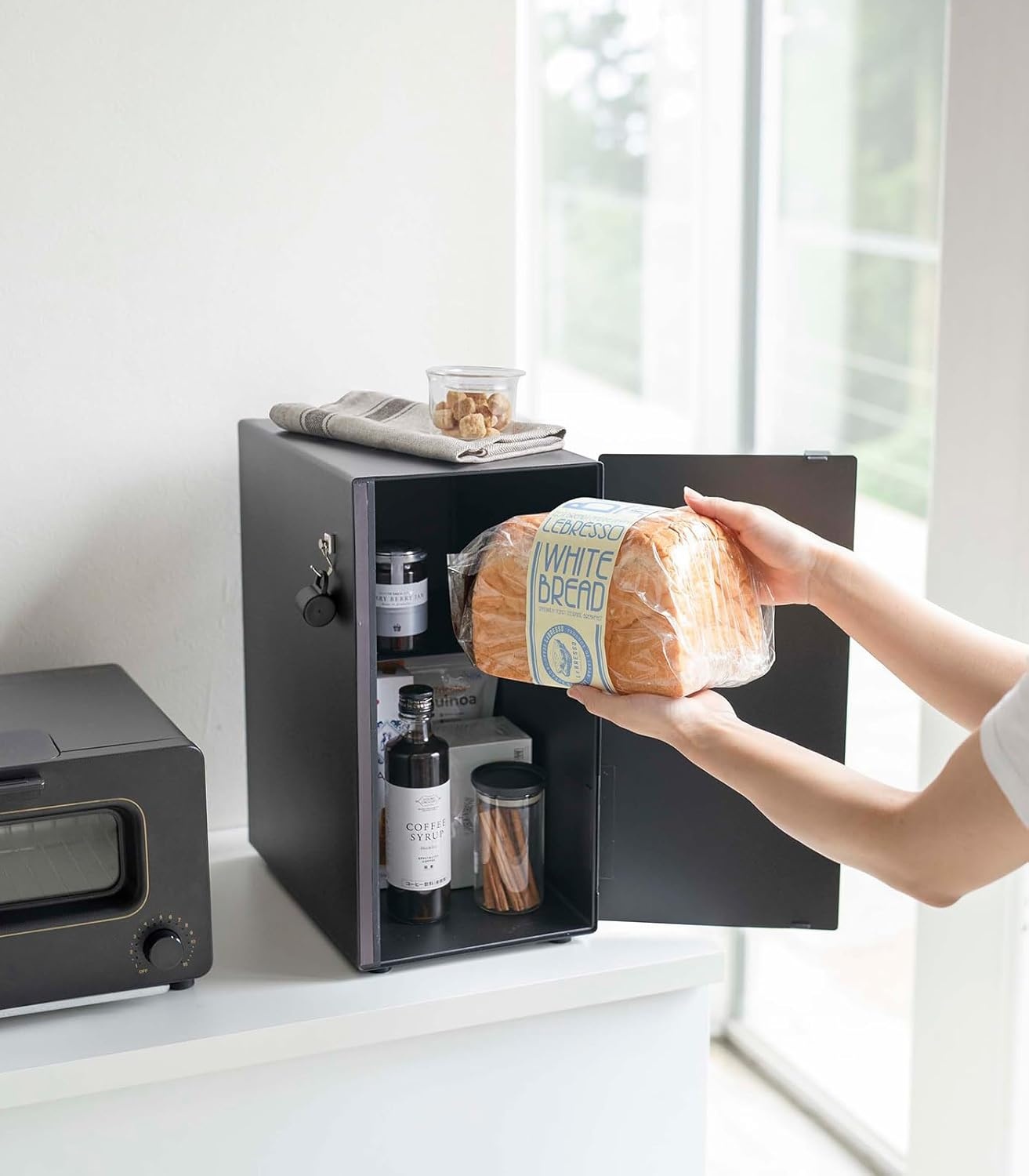 image:imageYAMAZAKI Home Tower Bread Box Keeper Holder Container Metal Bread Holder Saver Slim Space Saving Counter Storage Horizontal SteelBlack