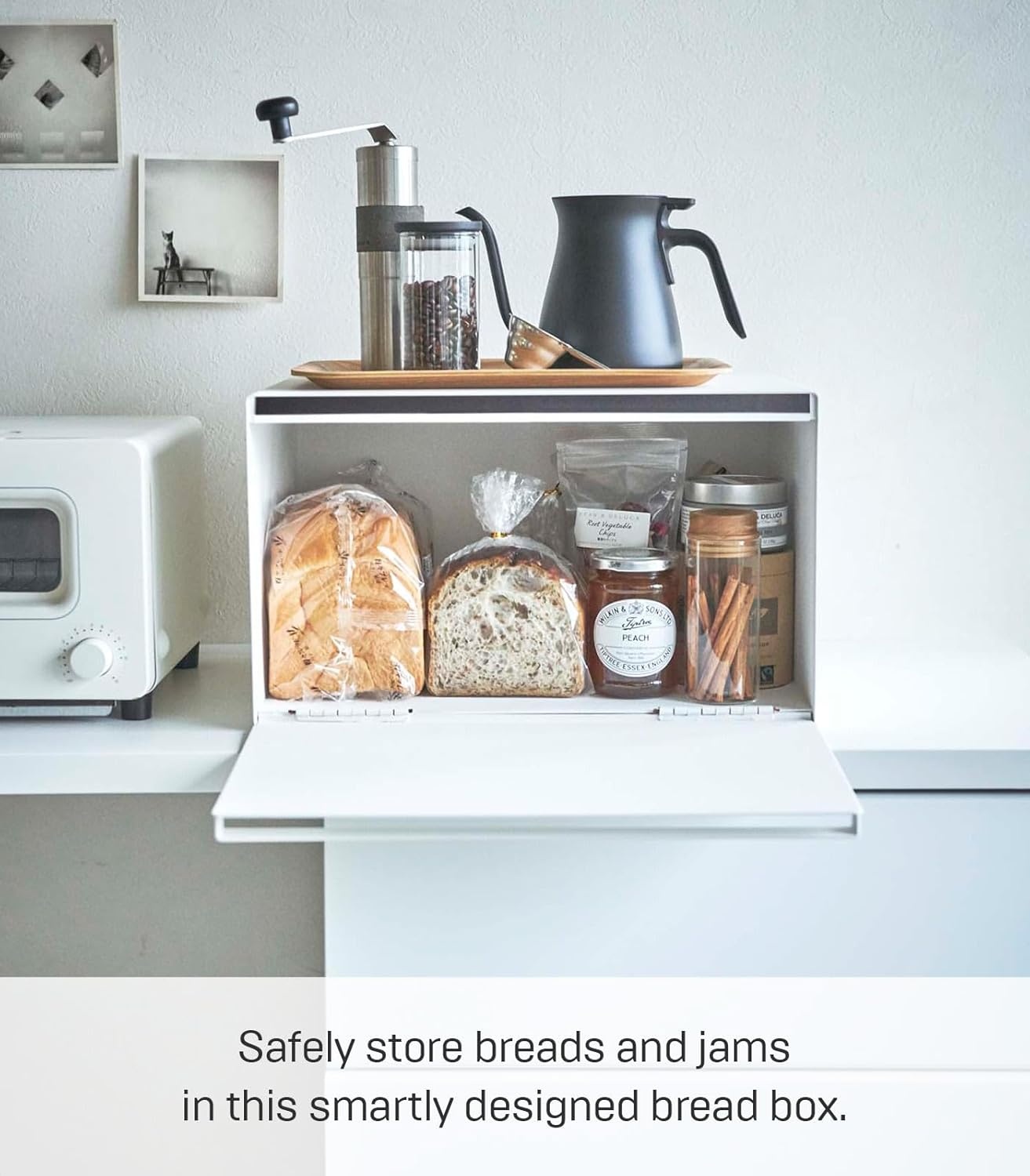 image:imageYAMAZAKI Home Tower Bread Box Keeper Holder Container Metal Bread Holder Saver Slim Space Saving Counter Storage Horizontal SteelWhite