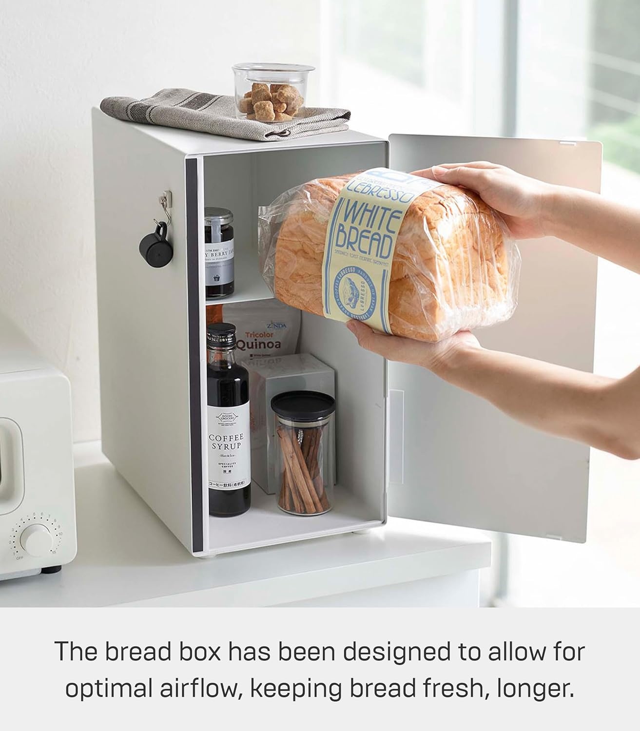 image:imageYAMAZAKI Home Tower Bread Box Keeper Holder Container Metal Bread Holder Saver Slim Space Saving Counter Storage Horizontal SteelWhite
