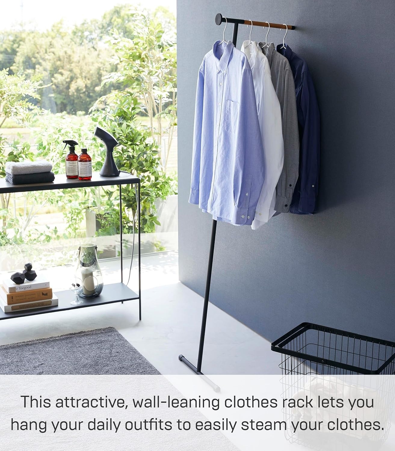 image:imageYAMAZAKI Home Tower Clothes Ironer Steamer Hanger Drying Rack Wall Leaning Stand for Clothing Bags Or Hats 64 Steel WoodBlack
