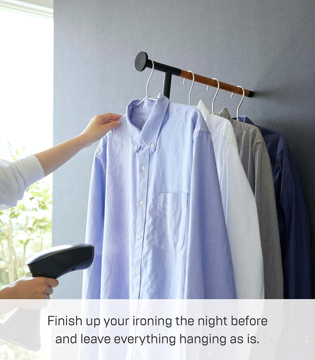 image:imageYAMAZAKI Home Tower Clothes Ironer Steamer Hanger Drying Rack Wall Leaning Stand for Clothing Bags Or Hats 64 Steel WoodBlack
