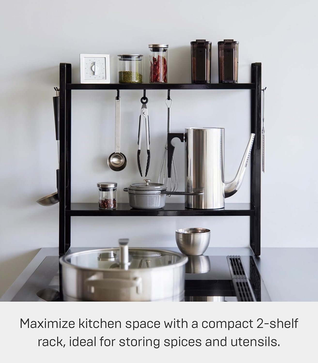 image:imageYAMAZAKI Home Tower Compact 2Shelf Kitchen Storage Rack EasyToClean Design Versatile Hooks SteelBlack