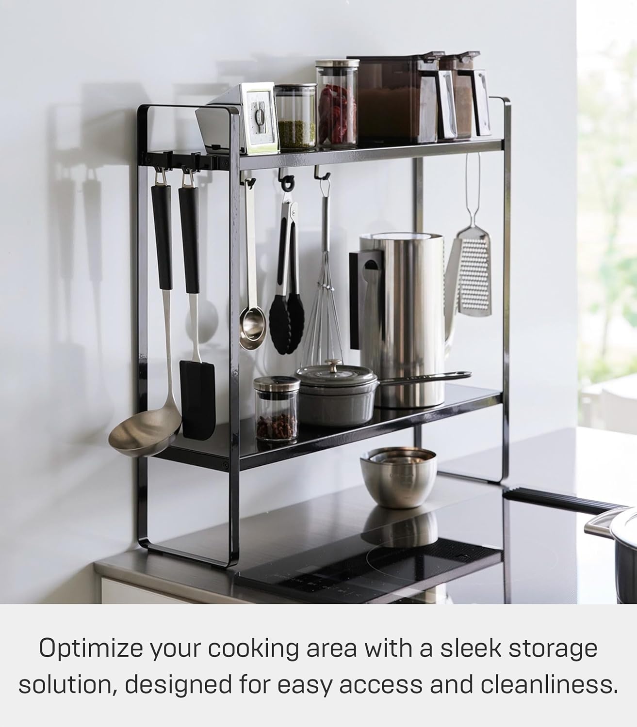 image:imageYAMAZAKI Home Tower Compact 2Shelf Kitchen Storage Rack EasyToClean Design Versatile Hooks SteelBlack