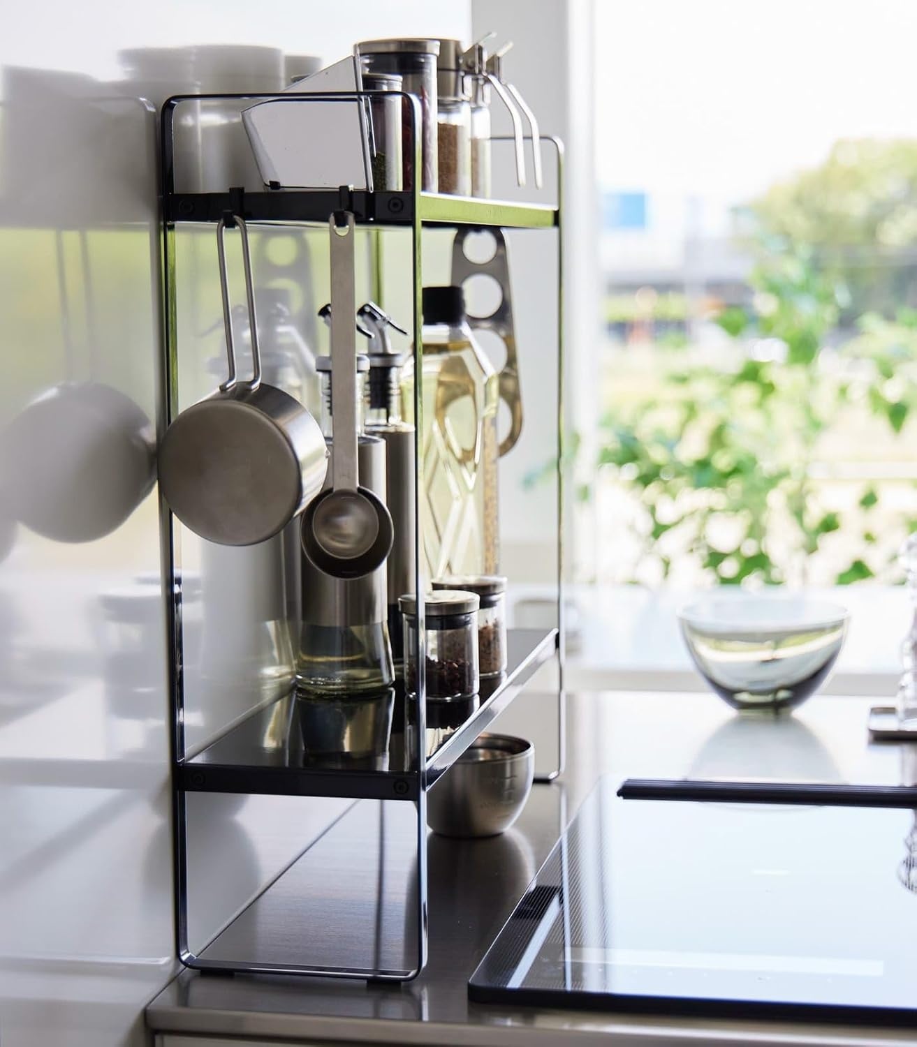 image:imageYAMAZAKI Home Tower Compact 2Shelf Kitchen Storage Rack EasyToClean Design Versatile Hooks SteelBlack