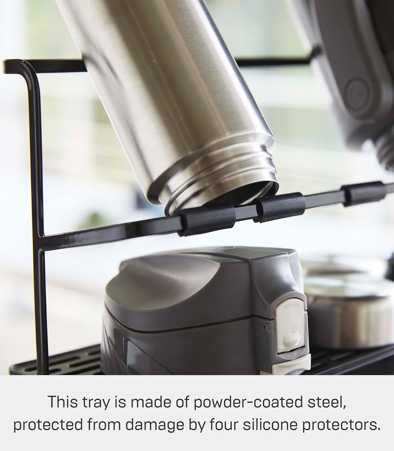 image:imageYAMAZAKI Home Tower Countertop Two Tier Bottle Drying Rack Wide Jug Storage Stand with Drainage Tray for Kitchen Counter for Glass Metal Or Plastic Bottles SteelBlack