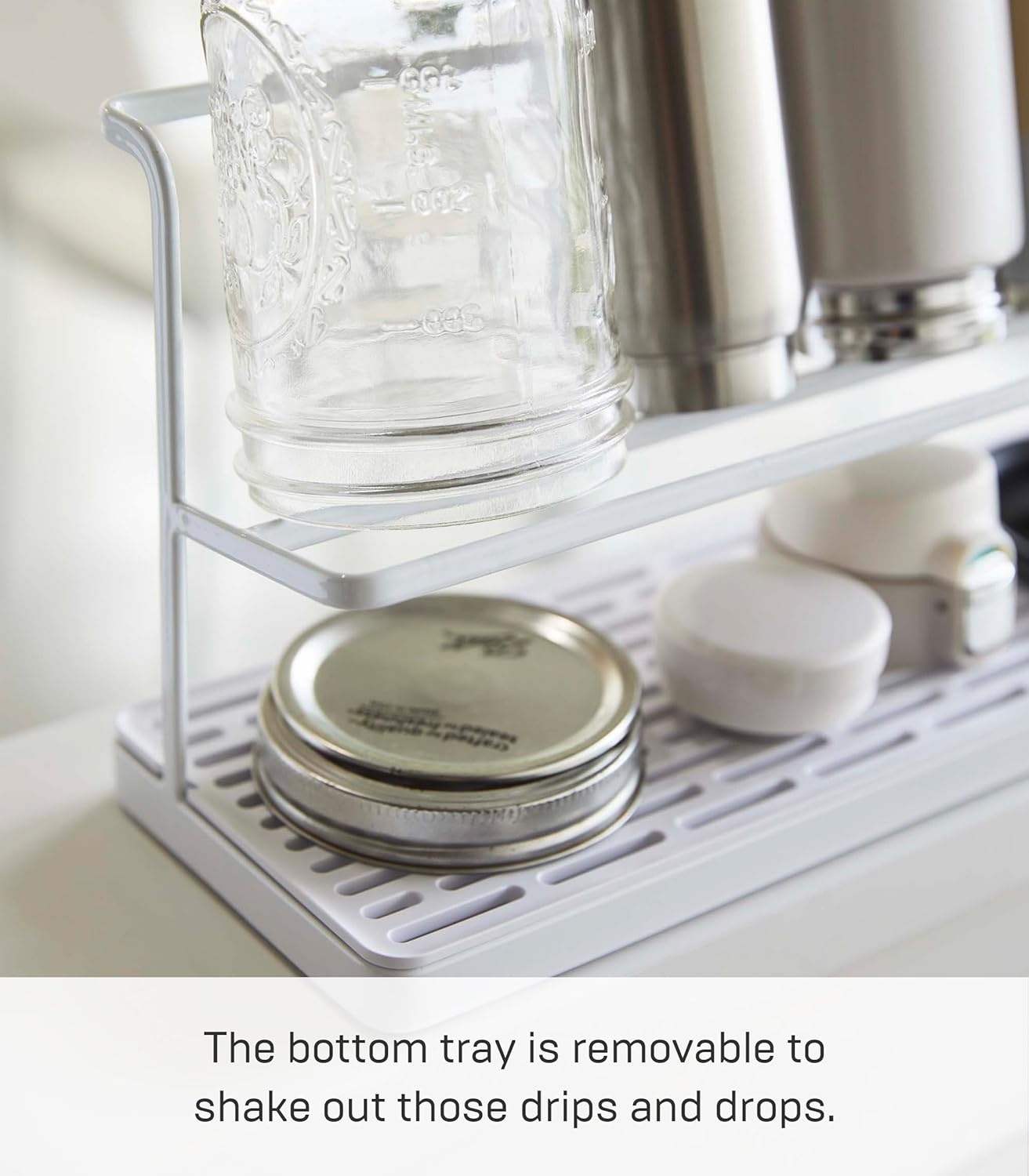 image:imageYAMAZAKI Home Tower Countertop Two Tier Bottle Drying Rack Wide Jug Storage Stand with Drainage Tray for Kitchen Counter for Glass Metal Or Plastic Bottles SteelWhite