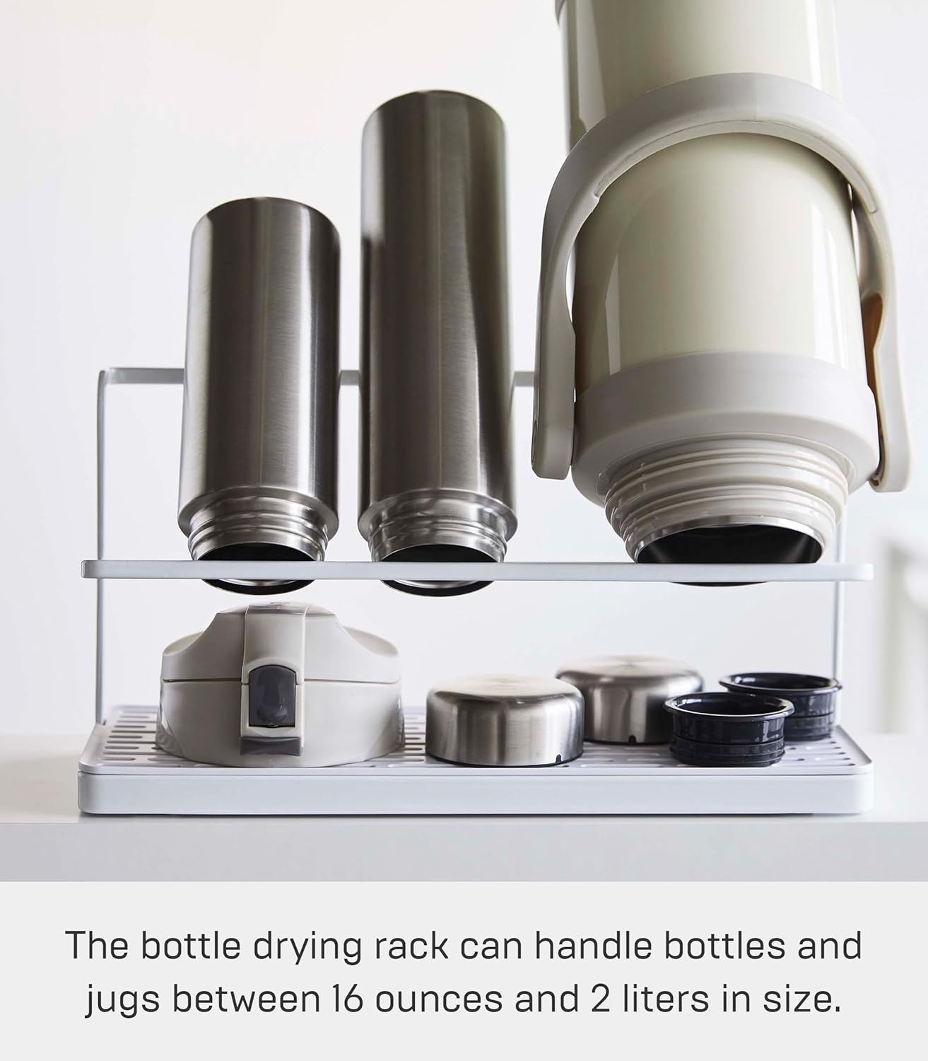 image:imageYAMAZAKI Home Tower Countertop Two Tier Bottle Drying Rack Wide Jug Storage Stand with Drainage Tray for Kitchen Counter for Glass Metal Or Plastic Bottles SteelWhite