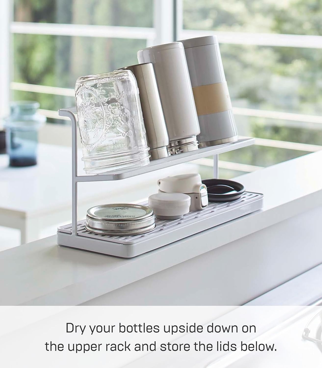 image:imageYAMAZAKI Home Tower Countertop Two Tier Bottle Drying Rack Wide Jug Storage Stand with Drainage Tray for Kitchen Counter for Glass Metal Or Plastic Bottles SteelWhite