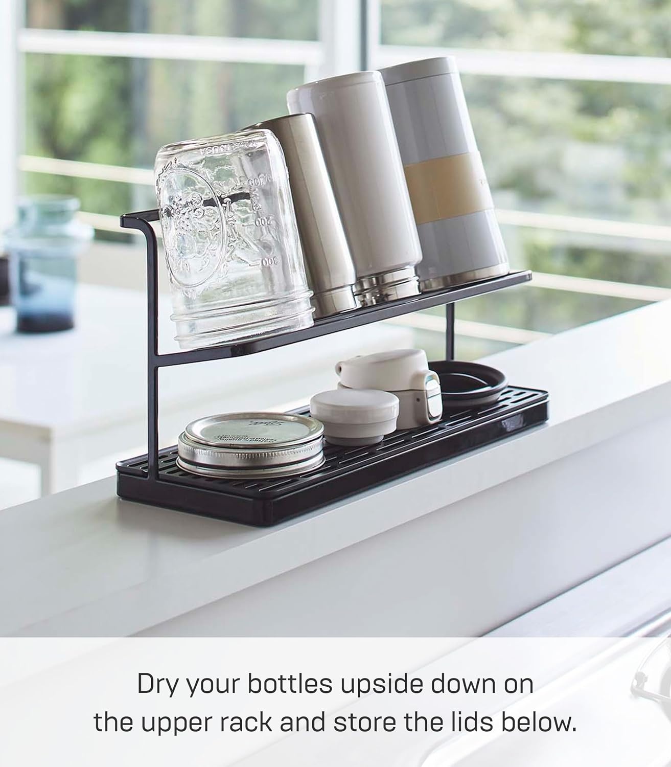 image:imageYAMAZAKI Home Tower Countertop Two Tier Bottle Drying Rack Wide Jug Storage Stand with Drainage Tray for Kitchen Counter for Glass Metal Or Plastic Bottles SteelBlack