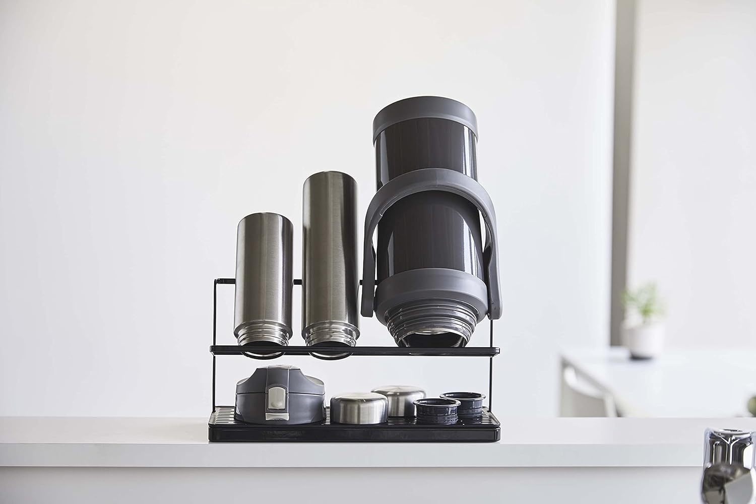 image:imageYAMAZAKI Home Tower Countertop Two Tier Bottle Drying Rack Wide Jug Storage Stand with Drainage Tray for Kitchen Counter for Glass Metal Or Plastic Bottles SteelBlack