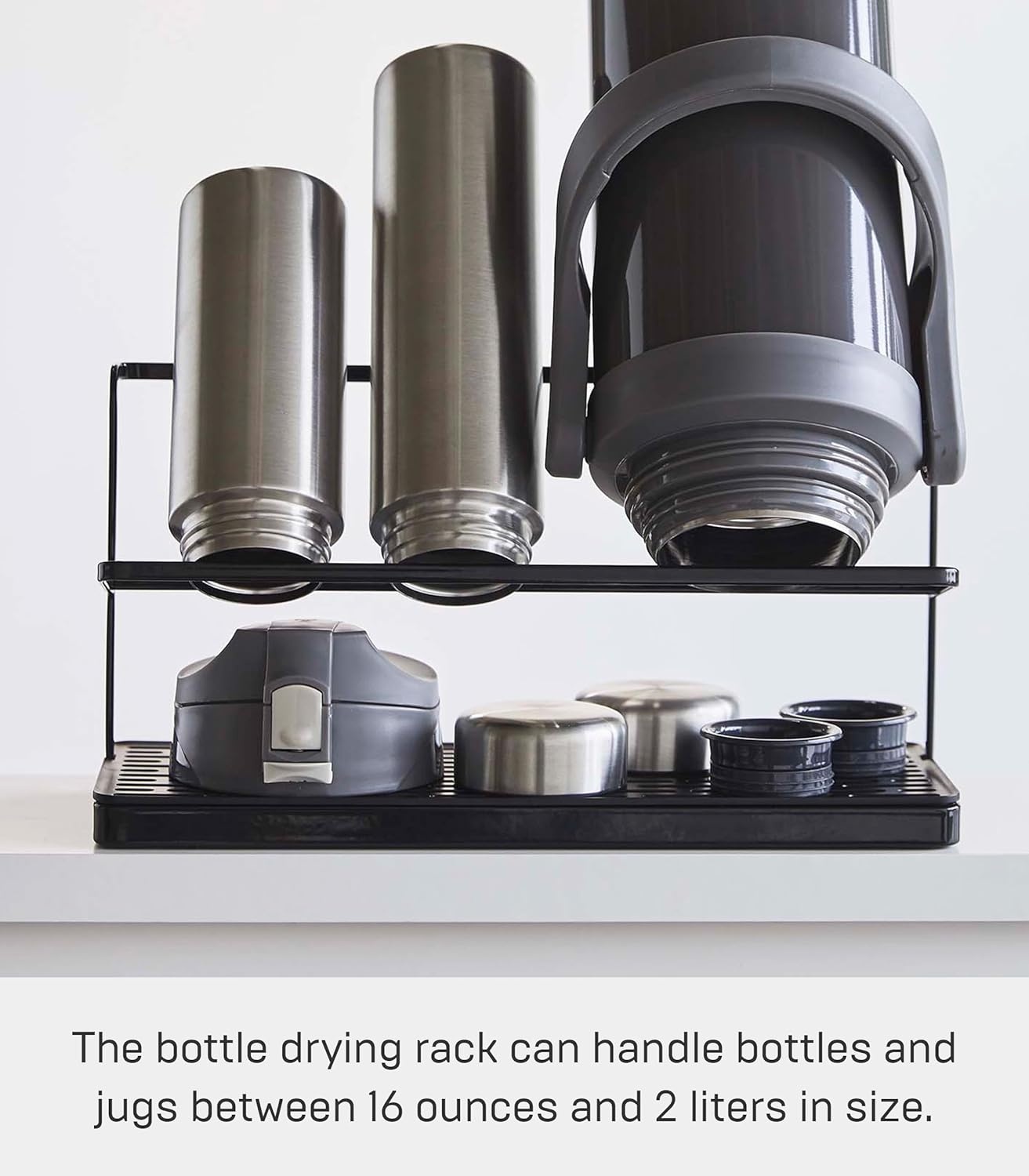image:imageYAMAZAKI Home Tower Countertop Two Tier Bottle Drying Rack Wide Jug Storage Stand with Drainage Tray for Kitchen Counter for Glass Metal Or Plastic Bottles SteelBlack