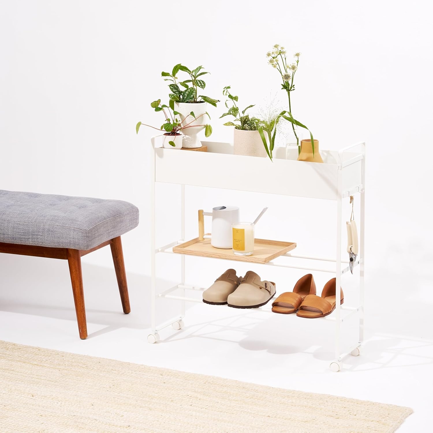 image:imageYAMAZAKI Home Tower Entryway Or Garage Rolling Metal Storage Rack for Shoes Sporting Goods Plants Gardening Supplies Or Toys 2933 Steel Holds 6 Pairs of ShoesWhite