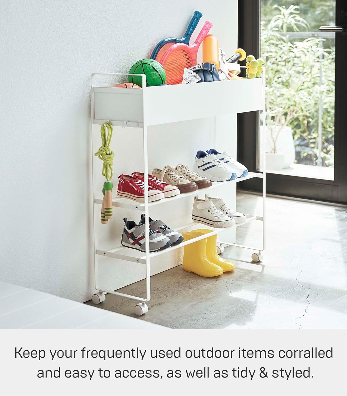 image:imageYAMAZAKI Home Tower Entryway Or Garage Rolling Metal Storage Rack for Shoes Sporting Goods Plants Gardening Supplies Or Toys 2933 Steel Holds 6 Pairs of ShoesWhite
