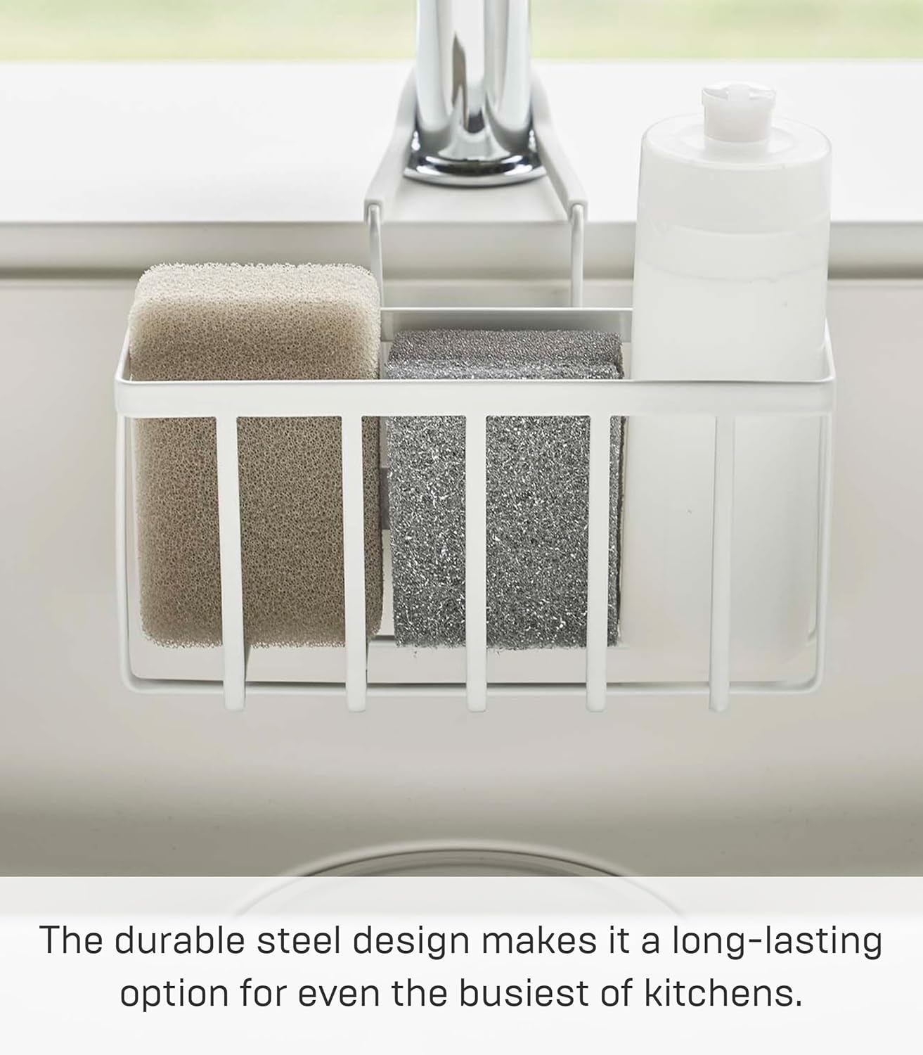 image:imageYAMAZAKI Home Tower FaucetHanging Sponge Caddy Kitchen Sink Dish Soap Bottle Brush Scrubber Organizer Holder Metal with Silicone Protection SteelWhite