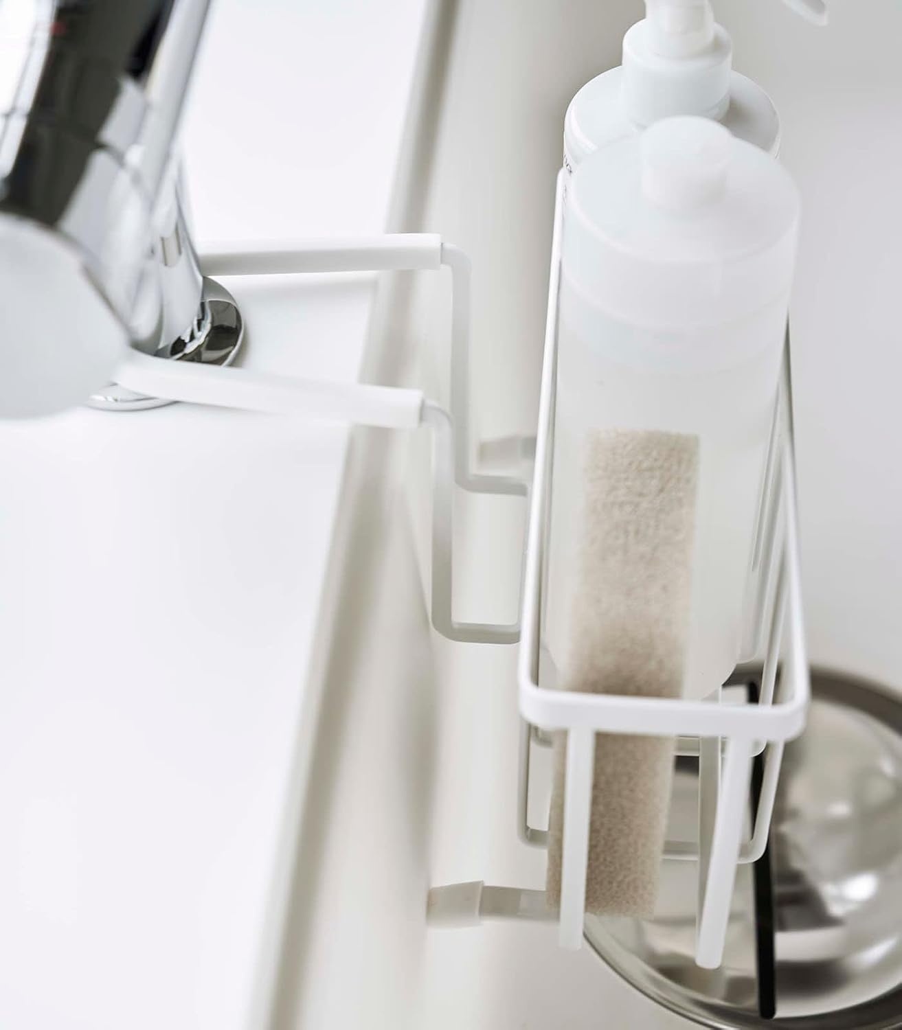image:imageYAMAZAKI Home Tower FaucetHanging Sponge Caddy Kitchen Sink Dish Soap Bottle Brush Scrubber Organizer Holder Metal with Silicone Protection SteelWhite